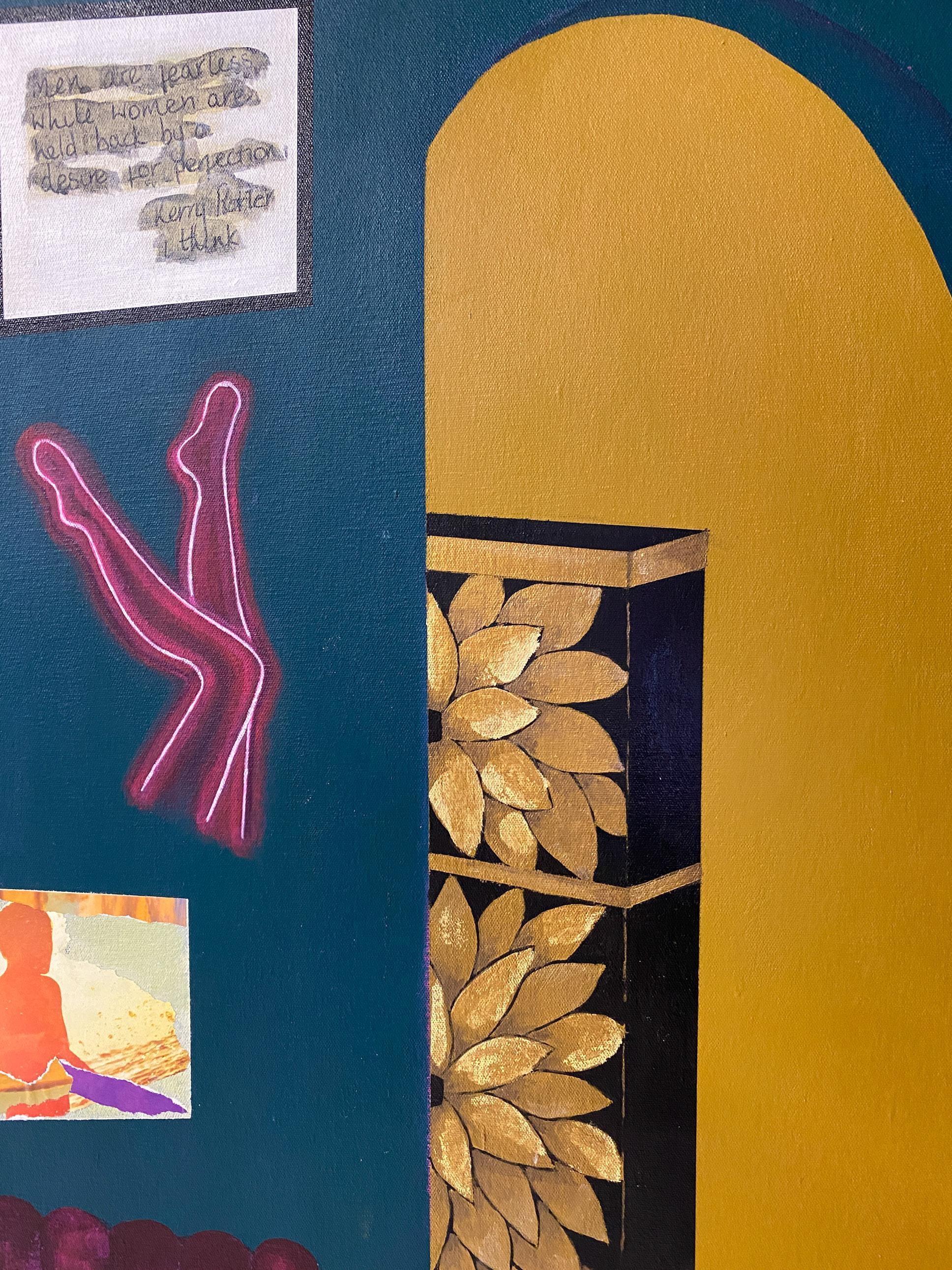 Acrylic, charcoal, spray paint, collage, bronze and gold leaf on canvas.

Dawn Beckles’ use of paint, print making and collage create bold depictions of the domestic: the exotic flora inspired by her native Barbados paralleled with found images of