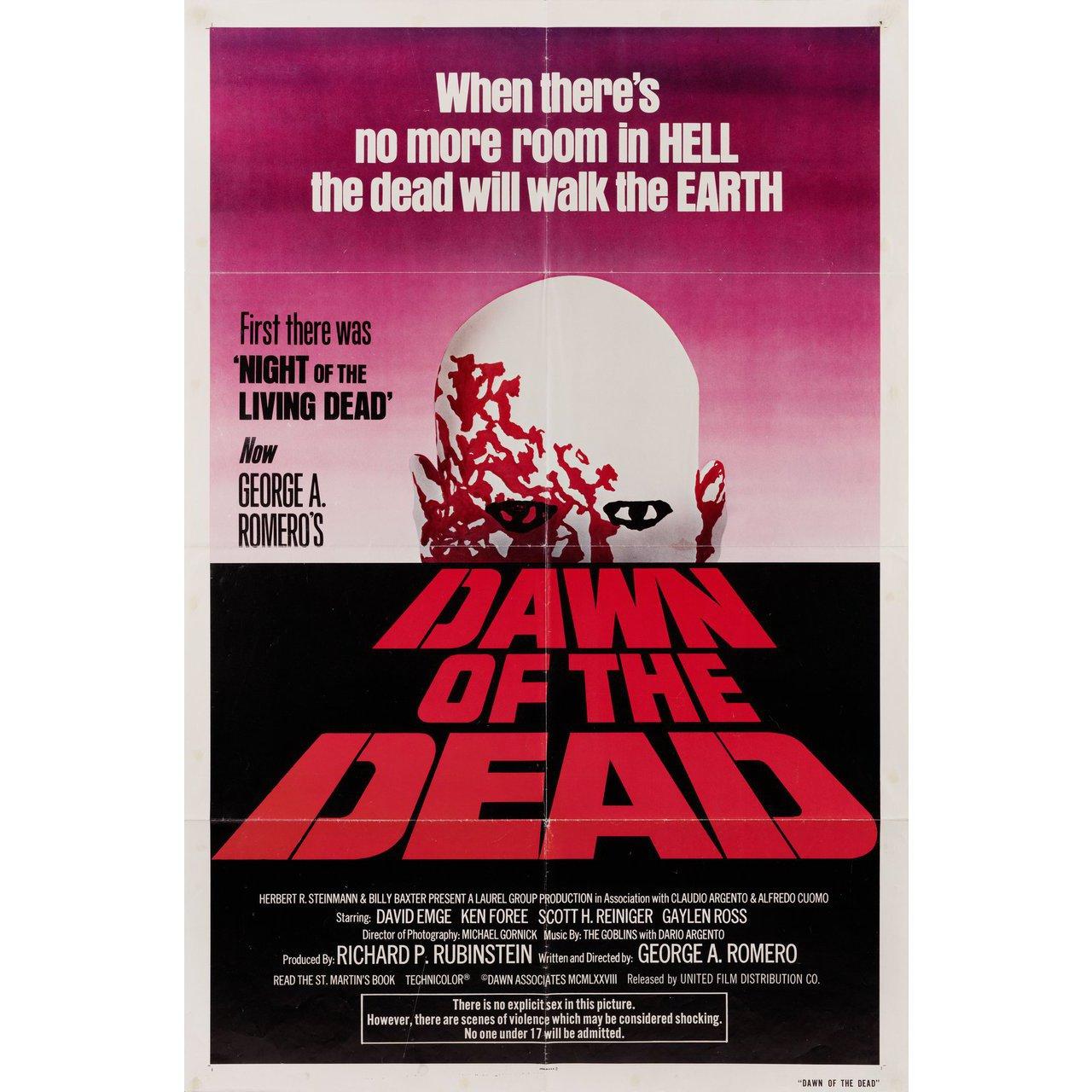 Original 1979 U.S. one sheet poster for the film Dawn of the Dead directed by George A. Romero with David Emge / Ken Foree / Scott H. Reiniger / Gaylen Ross. Very Good condition, folded with pinholes & other wear. Many original posters were issued