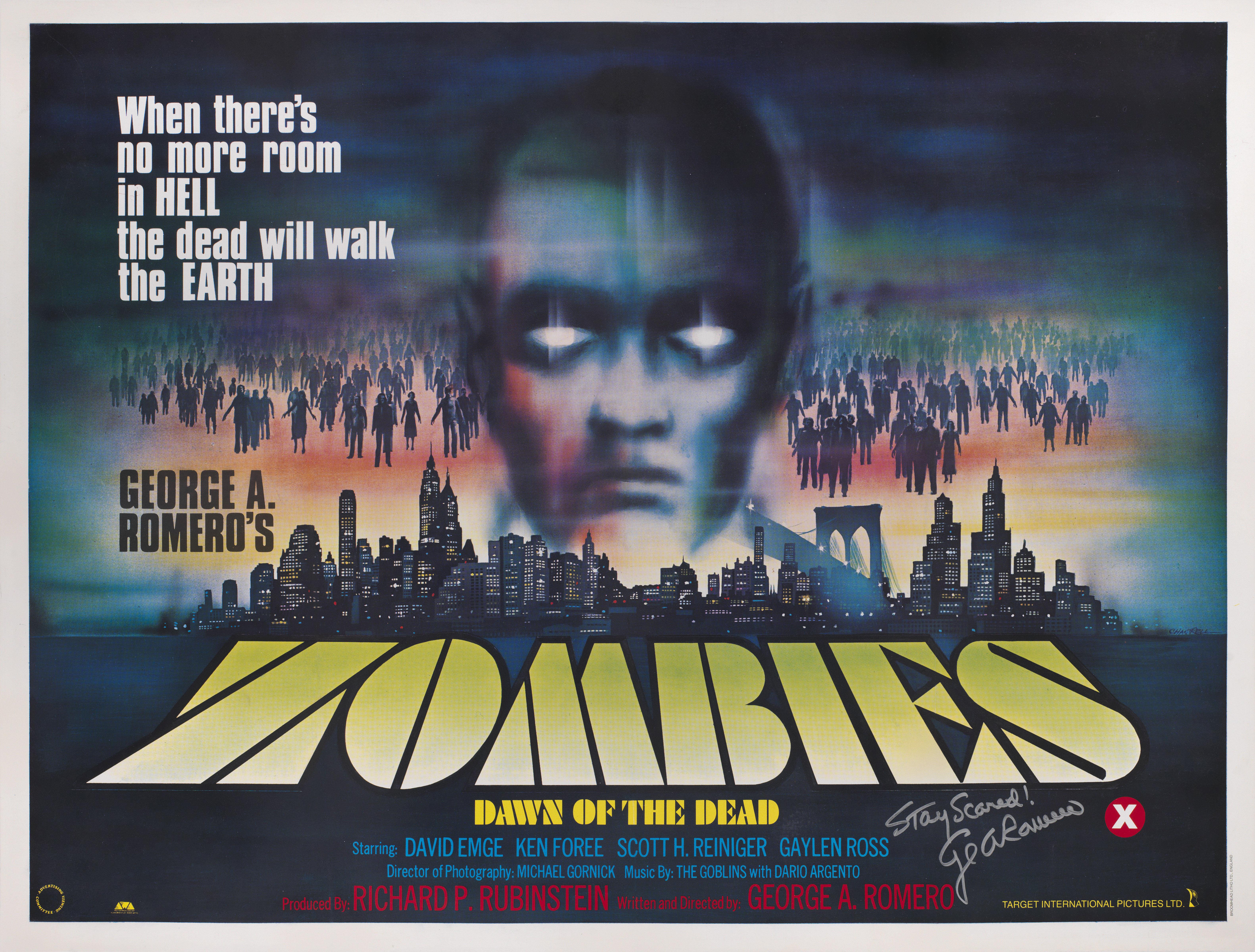 Original British film poster for the 1978 Horror film Dawn of the Dead.
This film stared David Emge, Ken Foree and Scott H Reiniger.
This poster is signed by the director George A. Romero. 