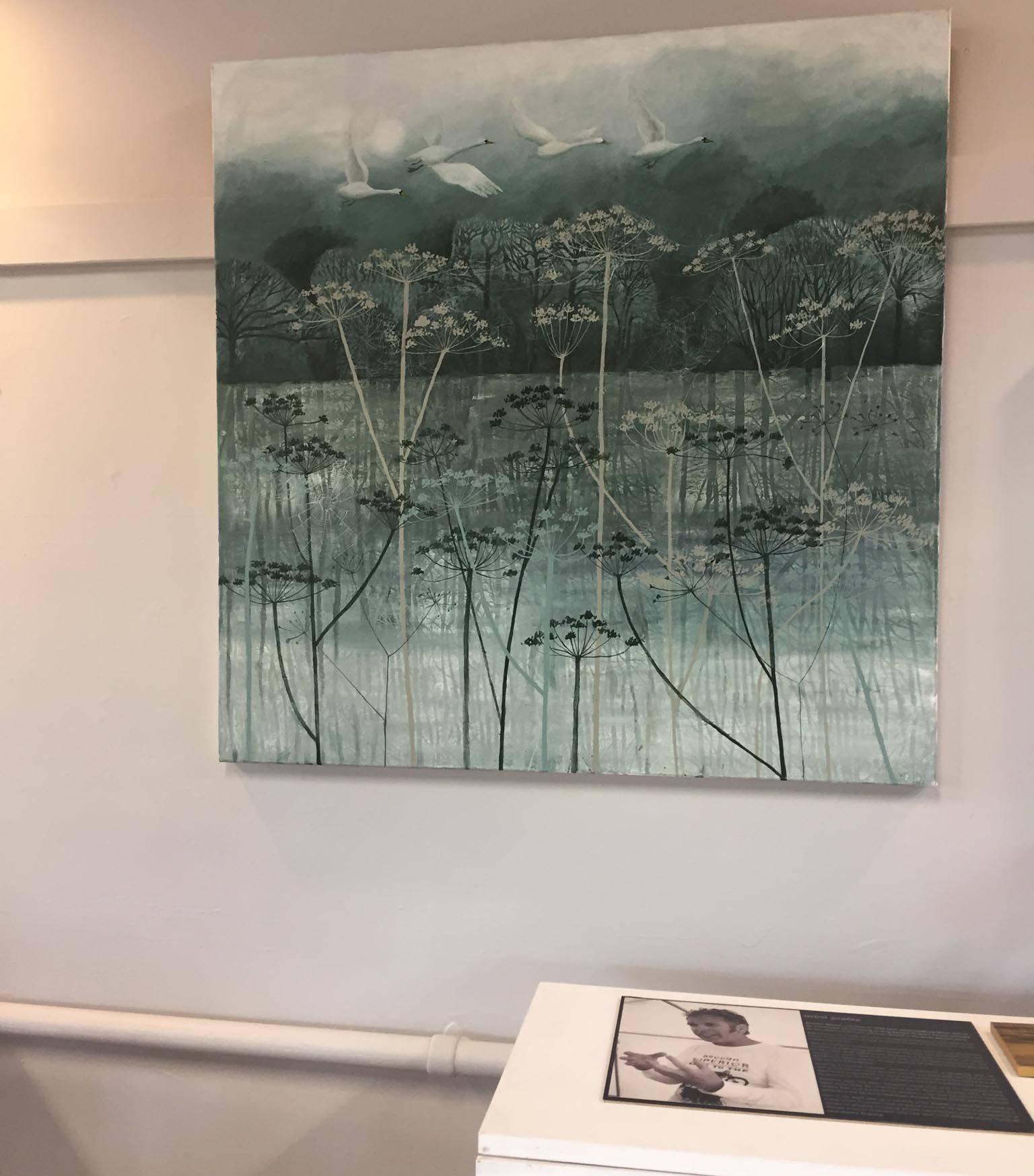 Birds Flying High, painting of a landscape , monotone colours , grey blue white - Painting by Dawn Stacey
