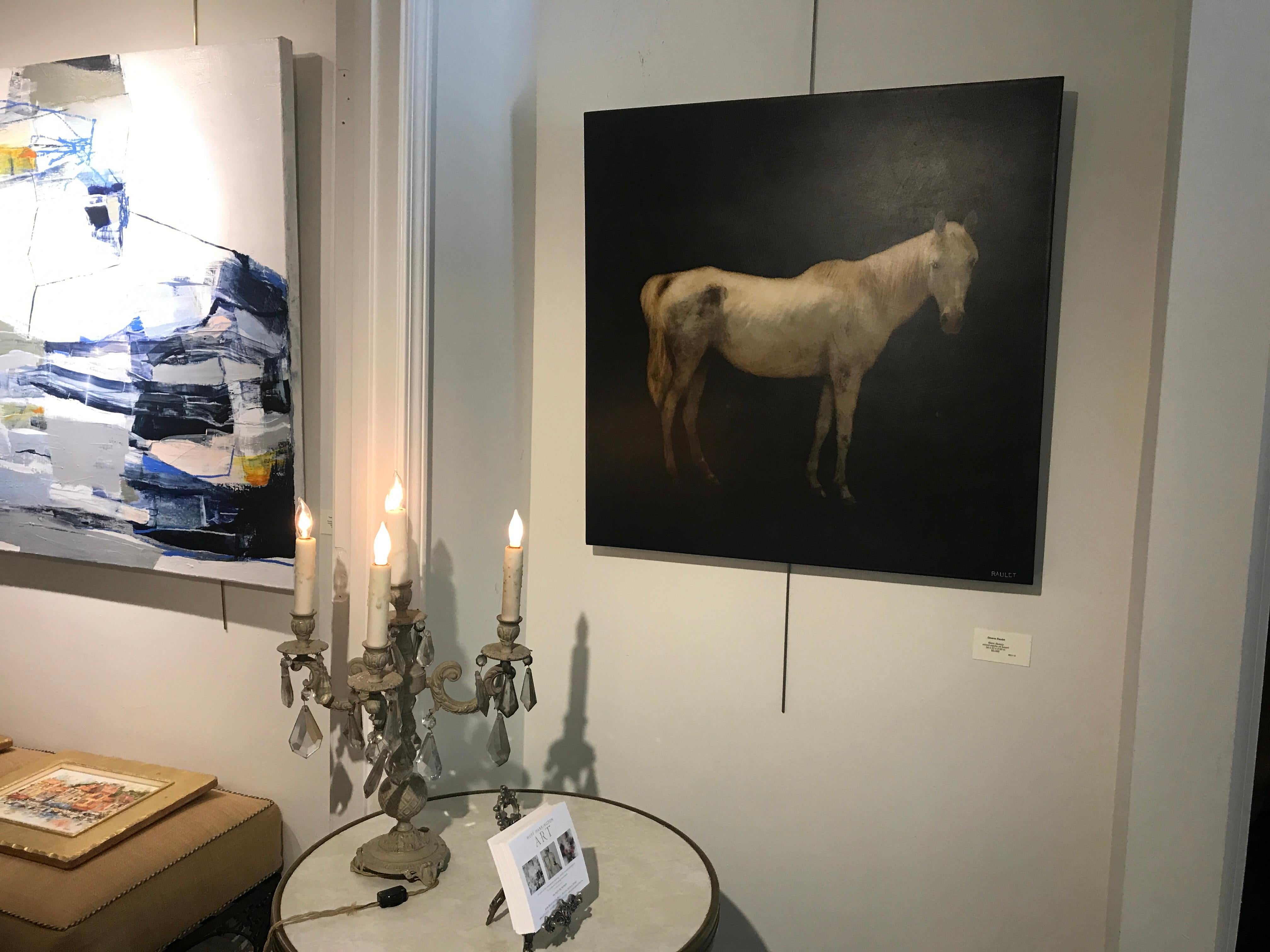 'Blanc Beauty' is a 2018 figurative mixed media on board horse painting created by American artist Dawne Raulet. Featuring a dark background allowing the subject to capture the entirety of the light, the painting depicts a white horse seen from the