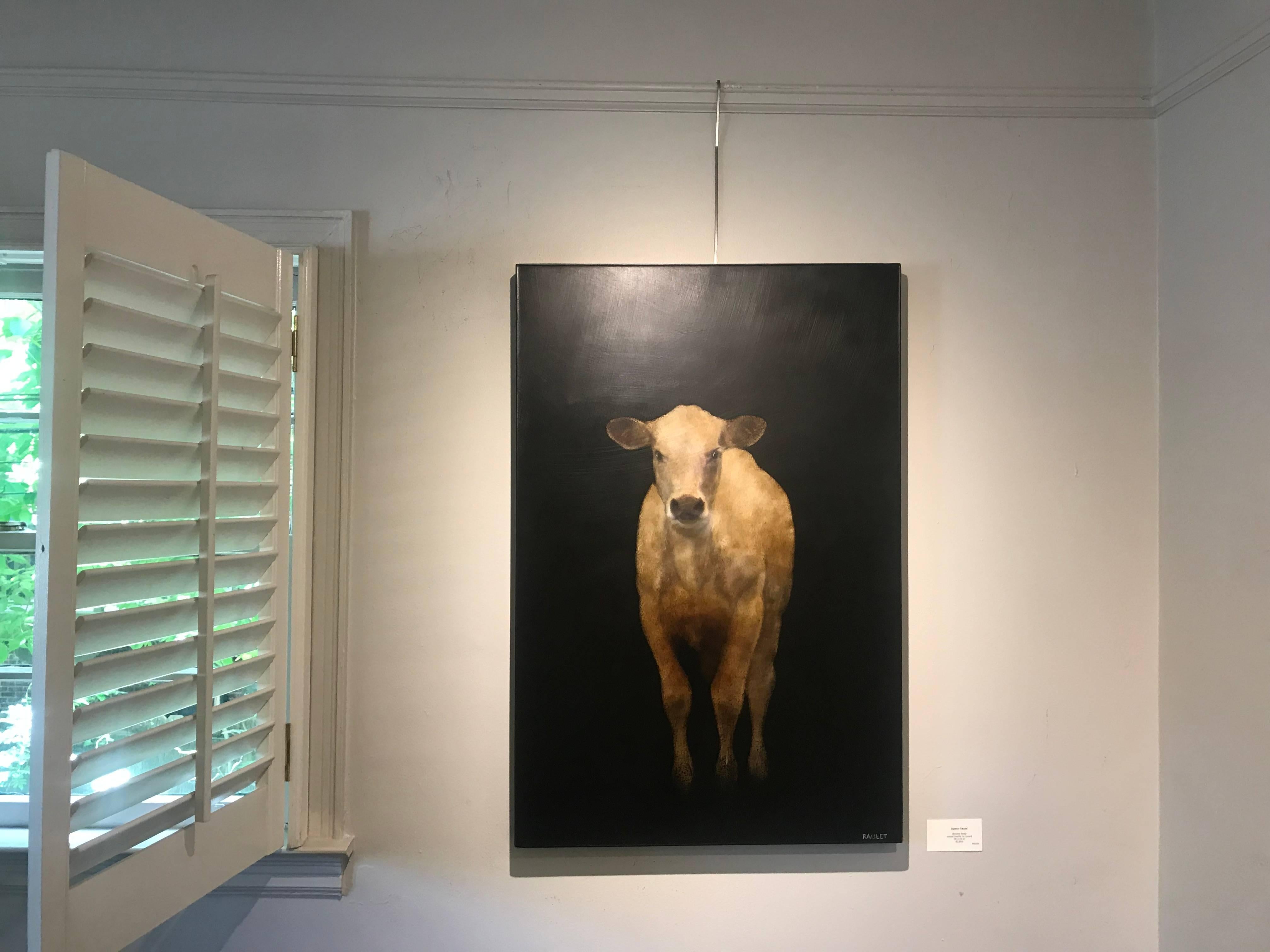 Bovine Belle, Contemporary Vertical Mixed Media on Board Figurative Cow Painting 1