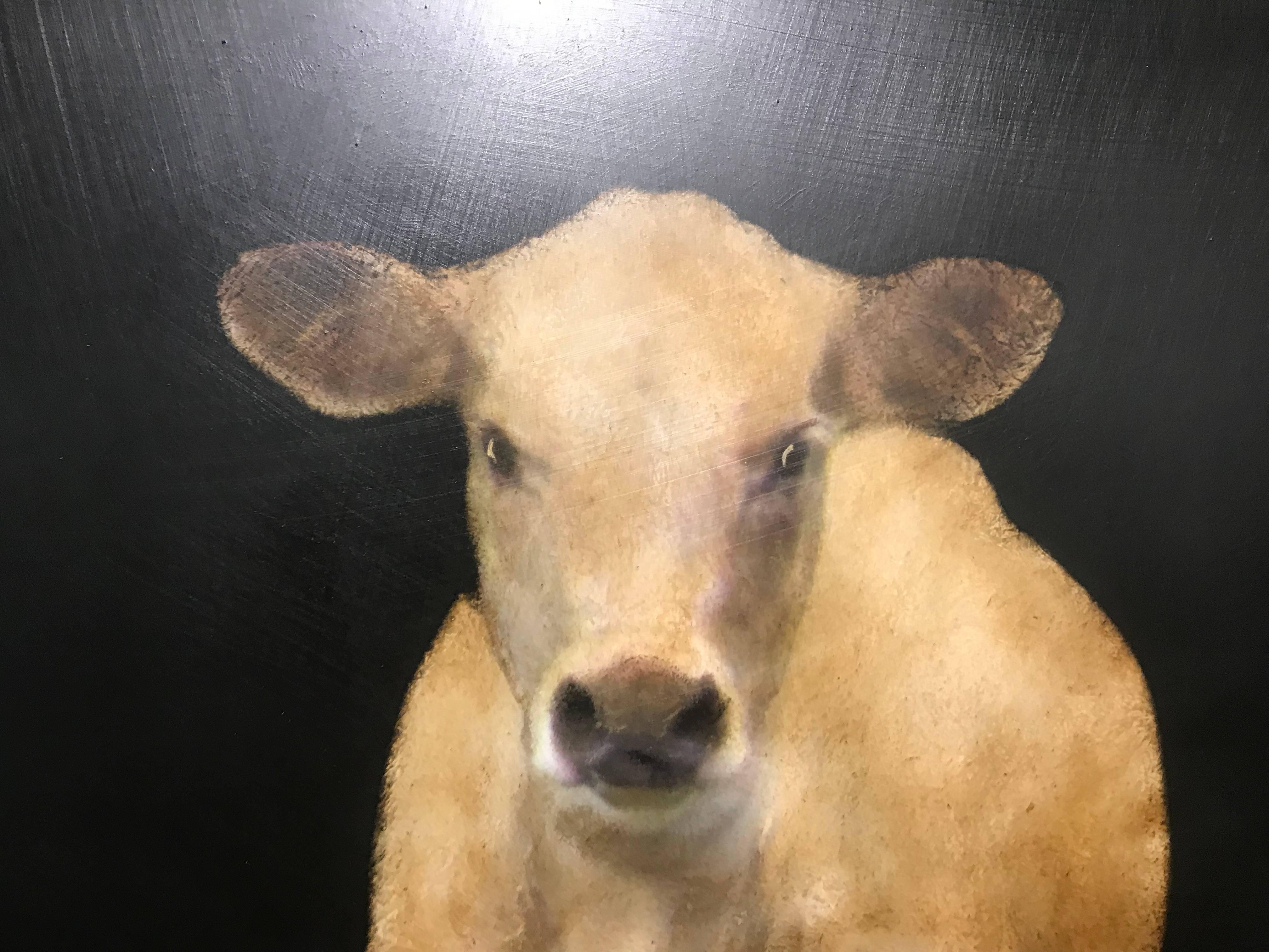 Bovine Belle, Contemporary Vertical Mixed Media on Board Figurative Cow Painting 3