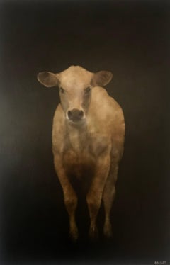 Bovine Belle, Contemporary Vertical Mixed Media on Board Figurative Cow Painting