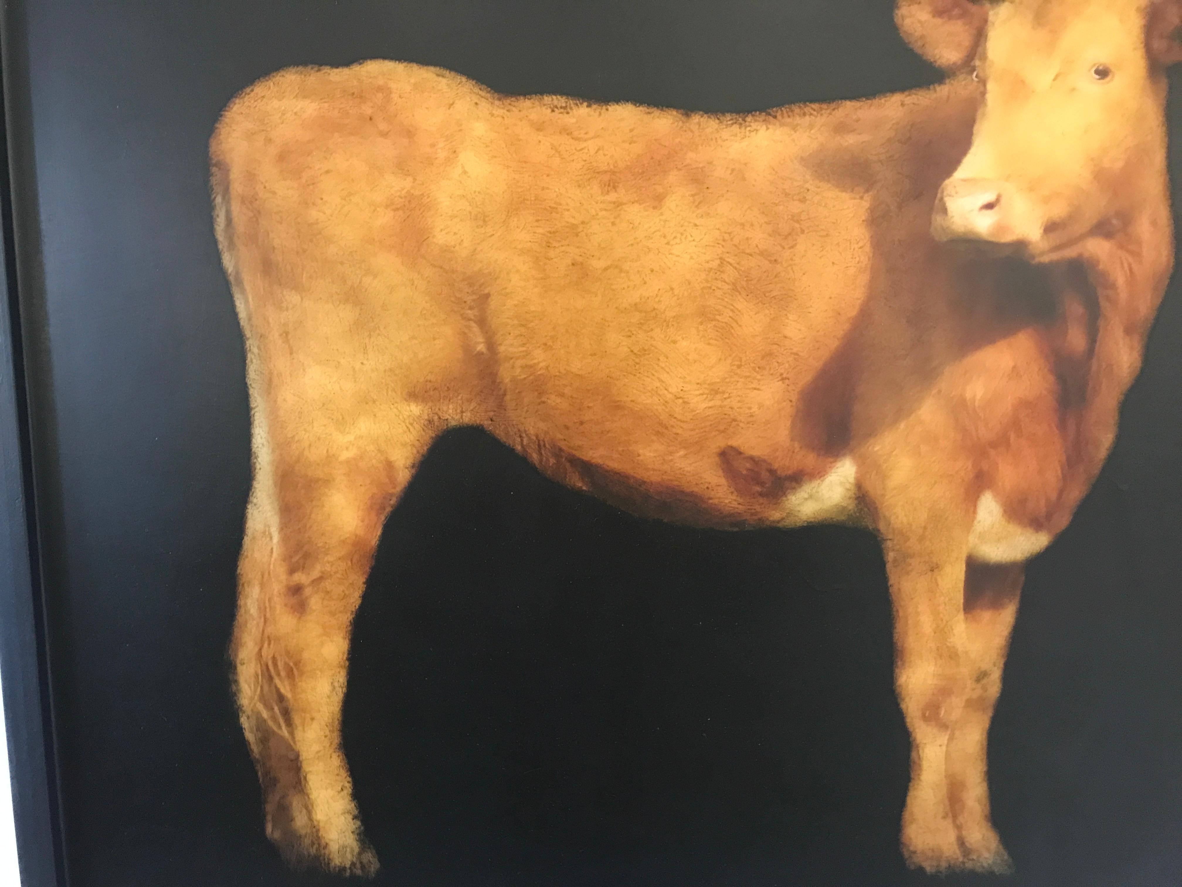 Brown Cow by Dawne Raulet, Framed Contemporary Mixed Media on Board Painting 4