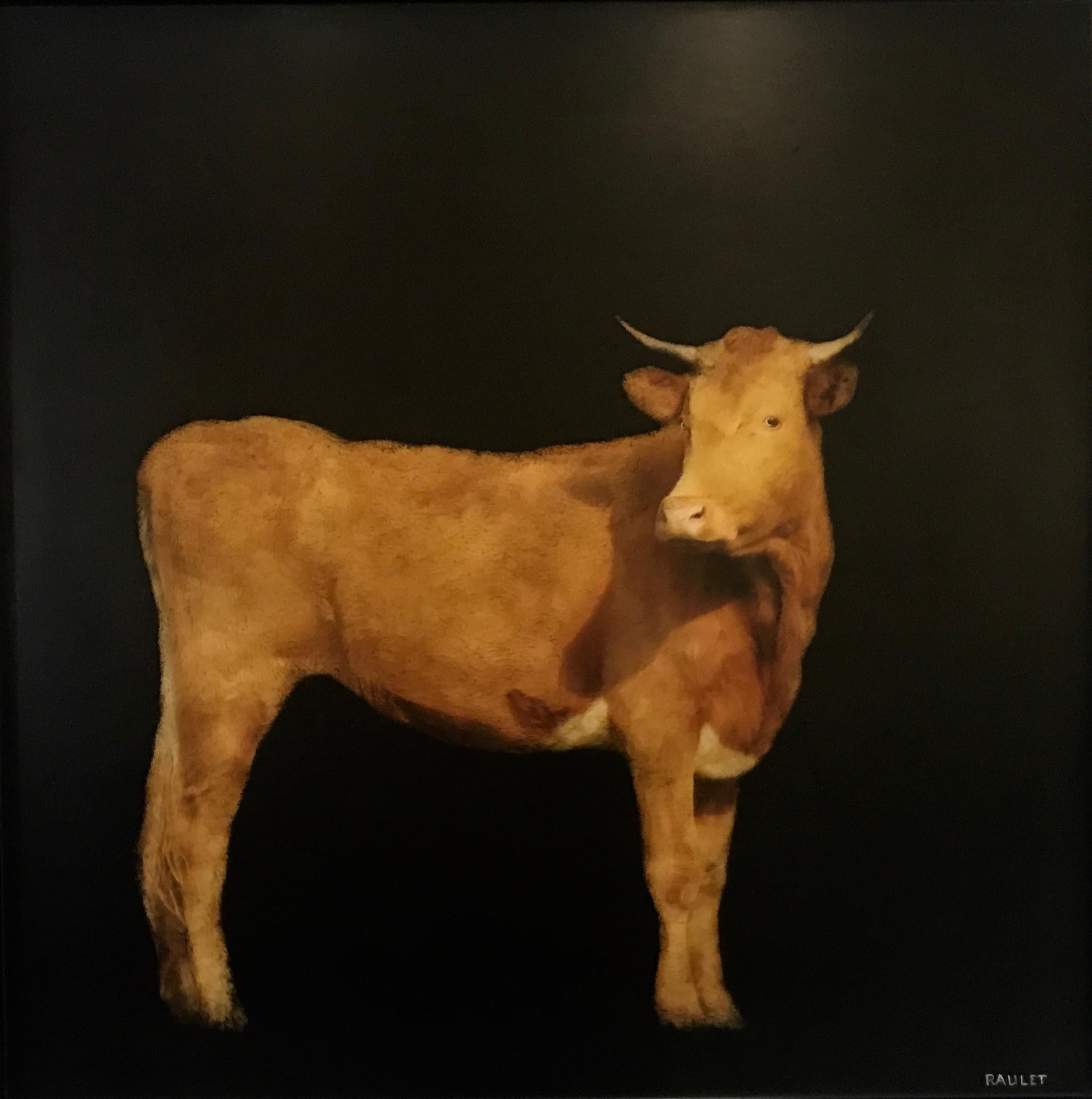 'Brown Cow' is a framed medium size contemporary mixed media on board figurative painting created by American artist Dawne Raulet in 2018. Painted on a dark background that allows our eye to capture the scene beautifully, a cow is looking at us.