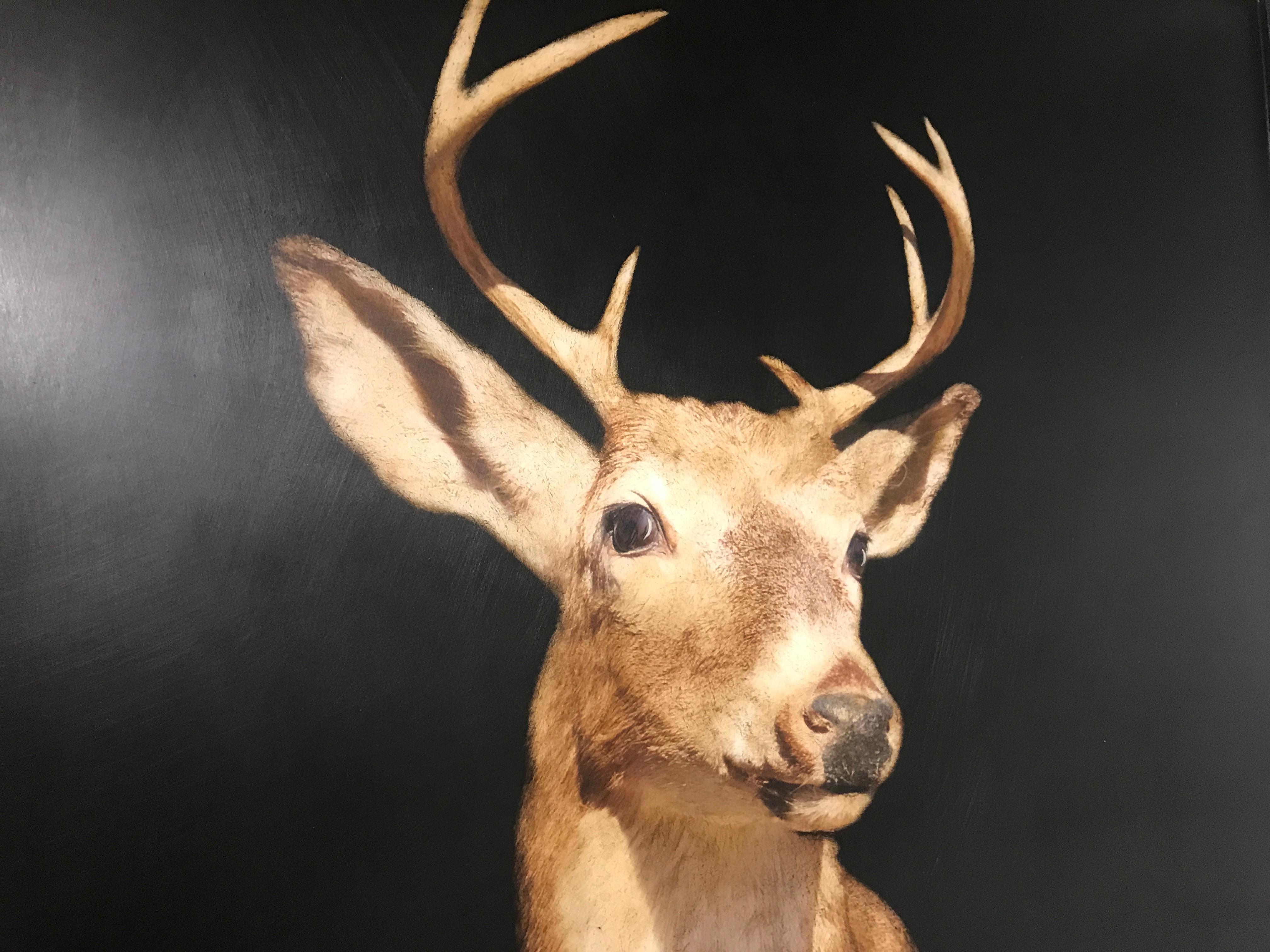 Buck Head by Dawne Raulet, Large Framed Mixed Media on Panel Animal Painting 4