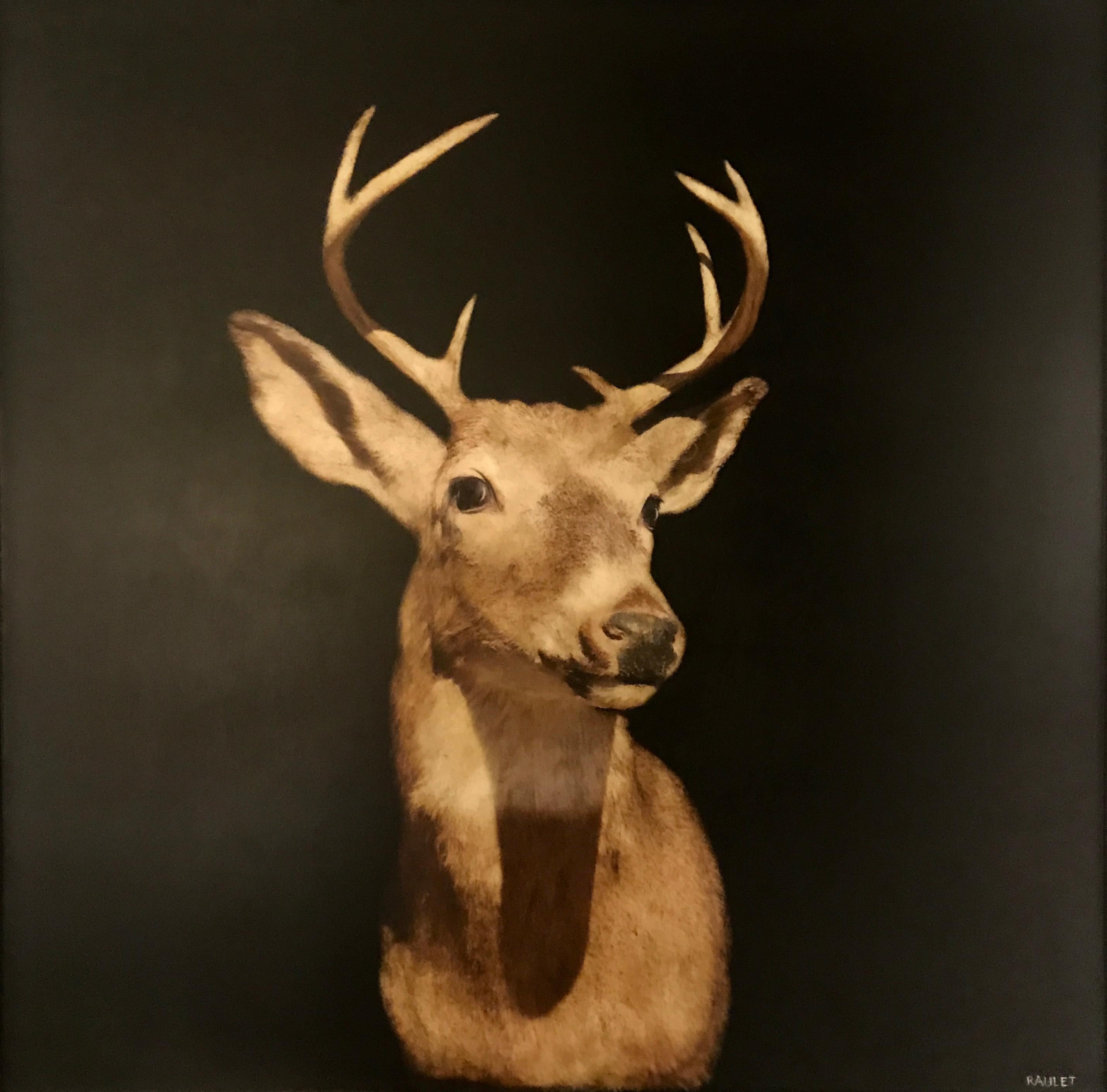 'Buck Head' is a large framed contemporary mixed media on panel painting created by American artist Dawne Raulet in 2019. Painted on a dark background allowing our eye to embrace the scene beautifully, a majestic buck is looking at us directly, his