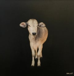 Cow I by Dawne Raulet, petite square contemporary animal painting
