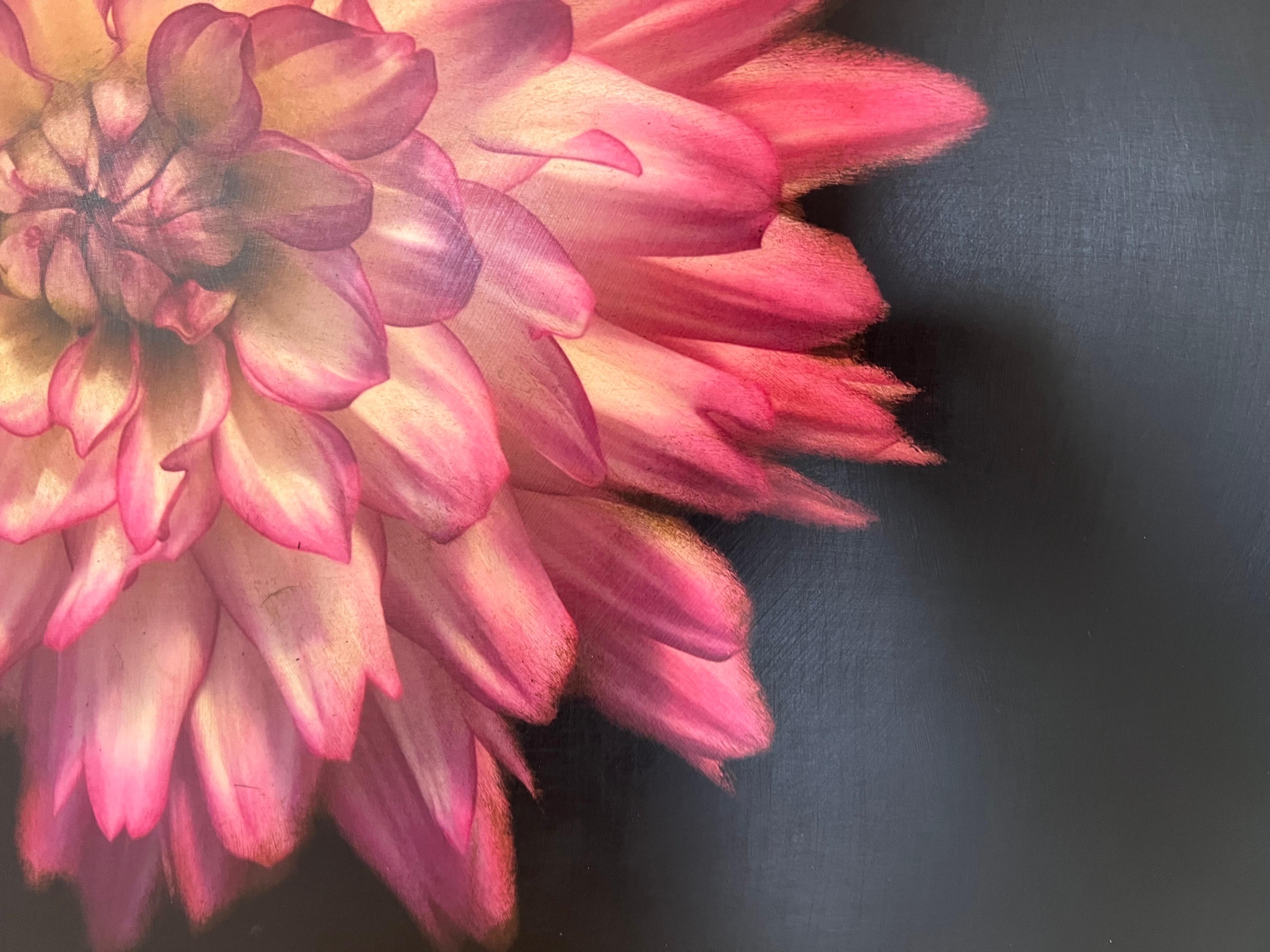 Dahlia Delight by Dawne Raulet Petite Contemporary Mixed Media Hot Pink Flower For Sale 1