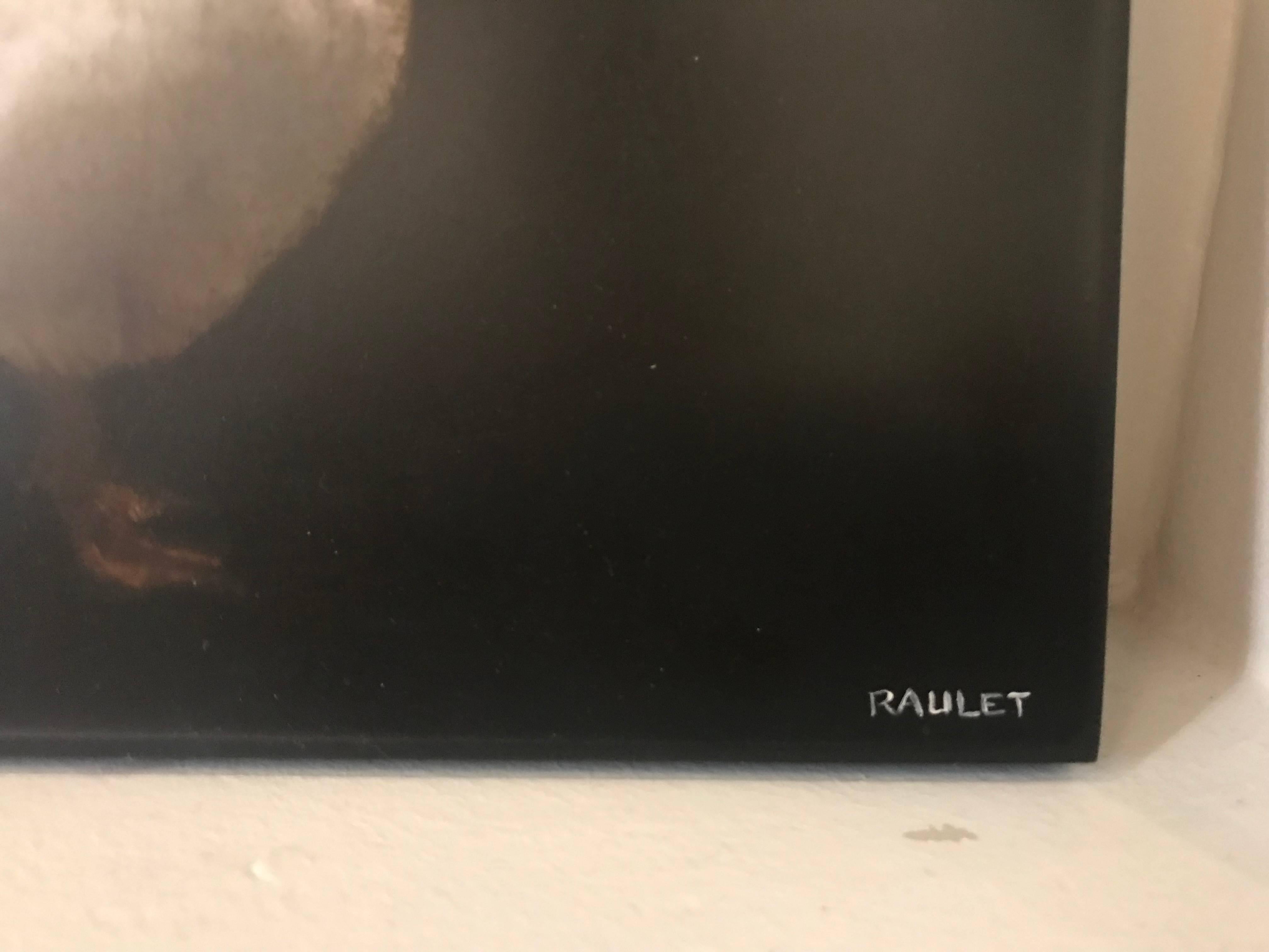 'Duck Duck Goose' is a contemporary mixed media on board animal painting created by American artist Dawne Raulet in 2018. This square format features a goose depicted on a black background, perfectly highlighting the beauty of its feathers. The
