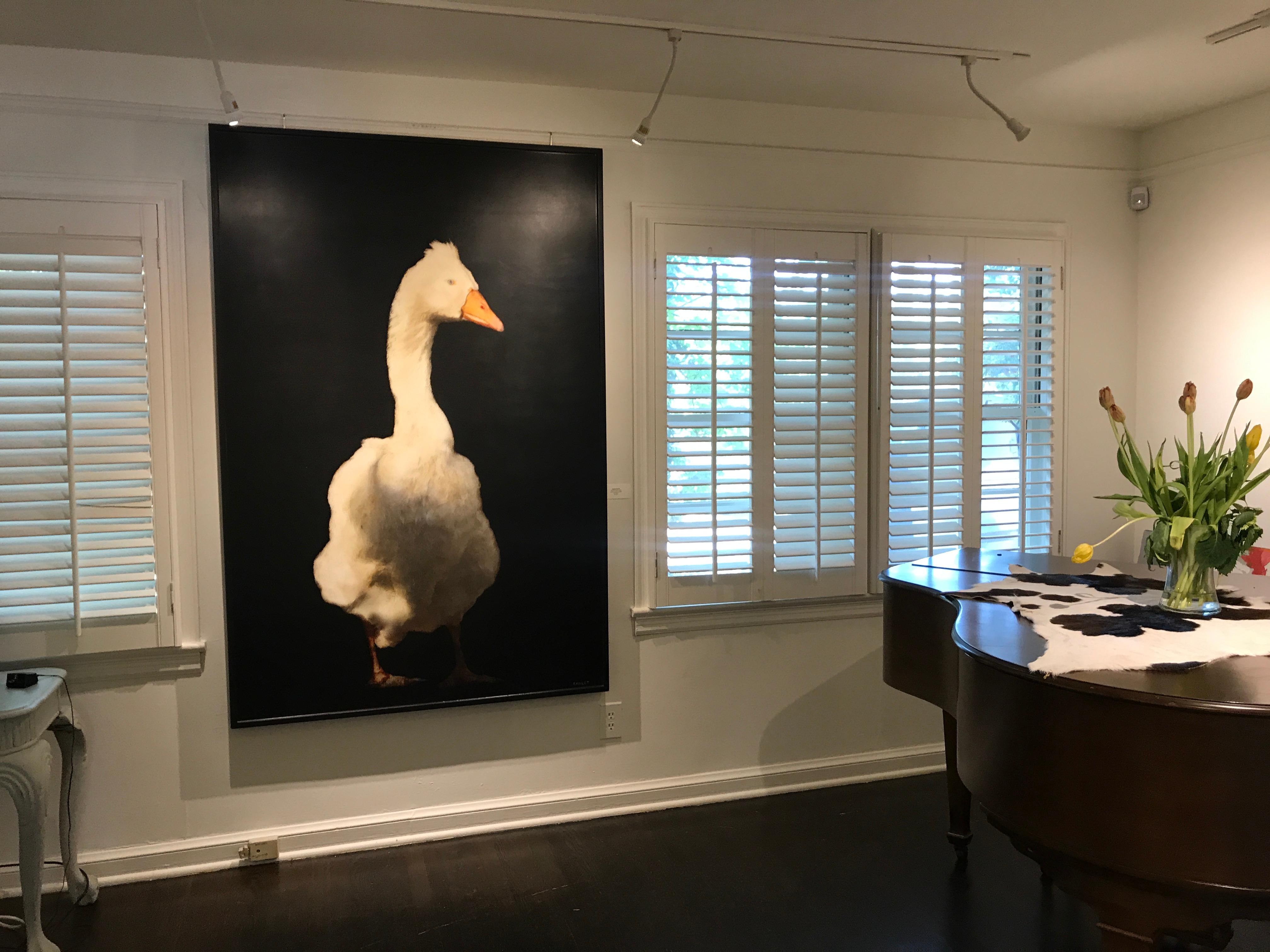 Goose on the Loose, large vertical mixed media contemporary animals on board - Black Animal Painting by Dawne Raulet