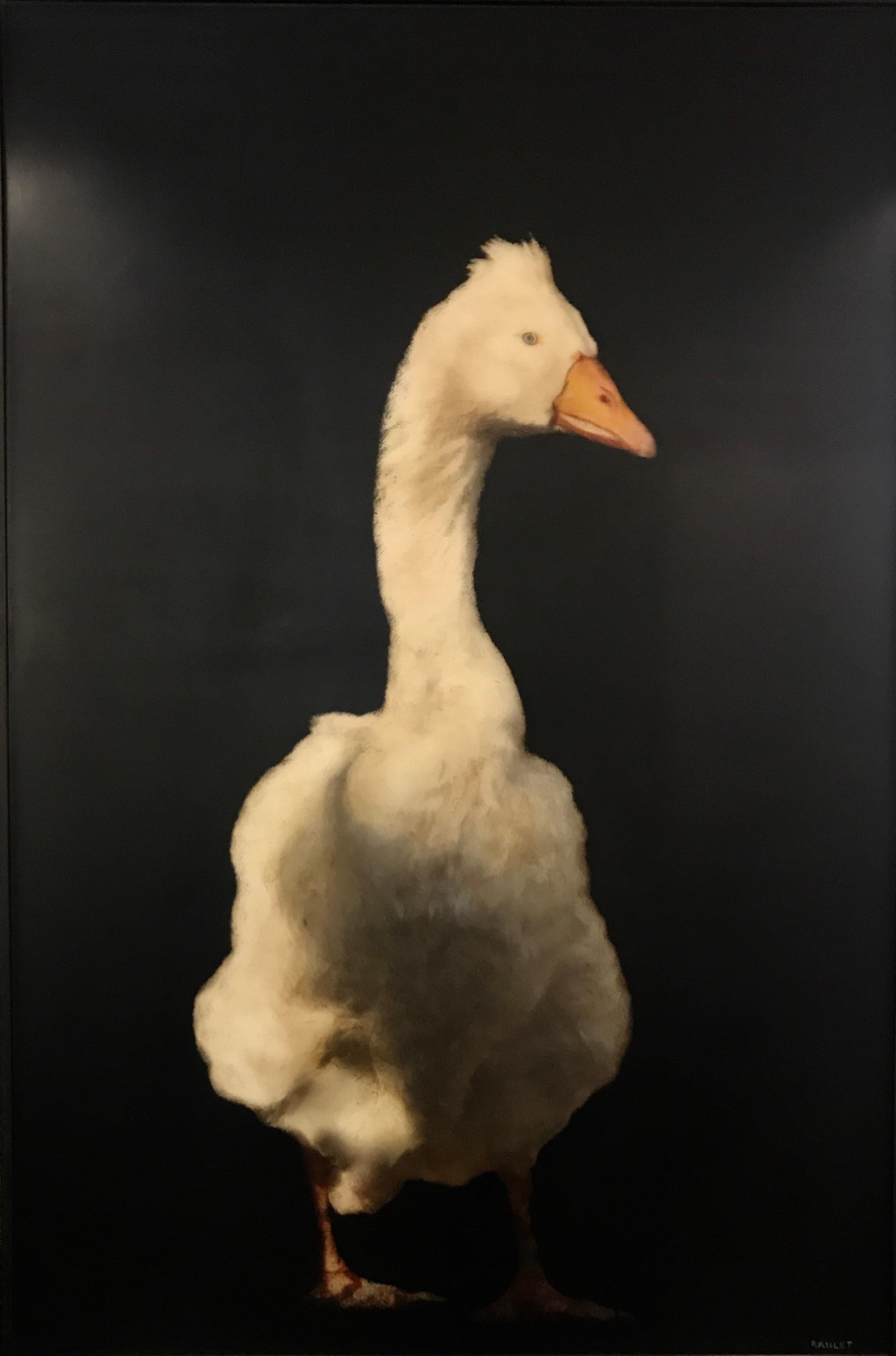 Dawne Raulet Animal Painting - Goose on the Loose, large vertical mixed media contemporary animals on board