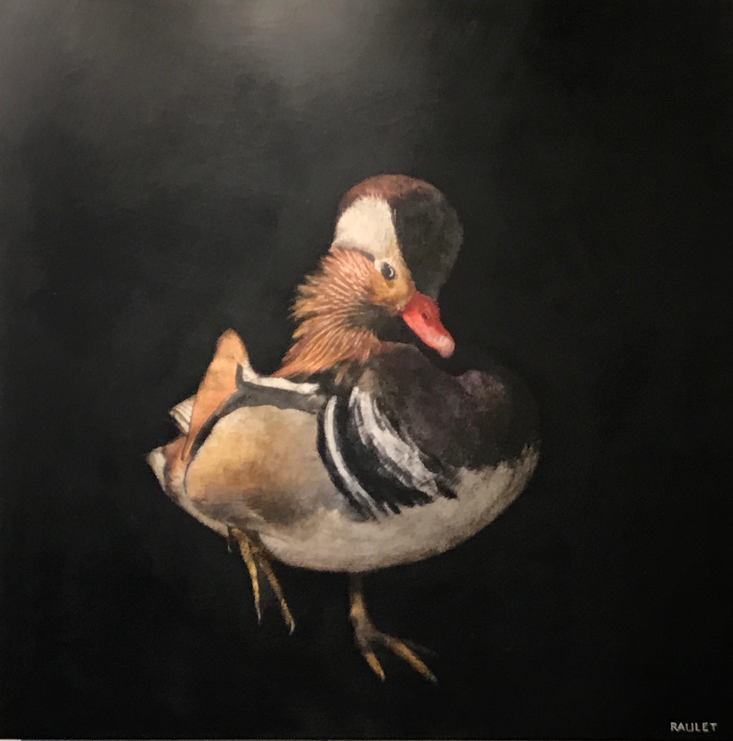 'Hot Lips' is a contemporary medium size mixed media on board animal painting created by Dawne Raulet in 2019. Painted on a dark background allowing our eye to embrace the scene beautifully, an adorable red beaked duck with brown, white and black
