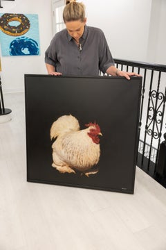 Peinture d'un grand poulet, art contemporain sur les animaux de la ferme, techniques mixtes