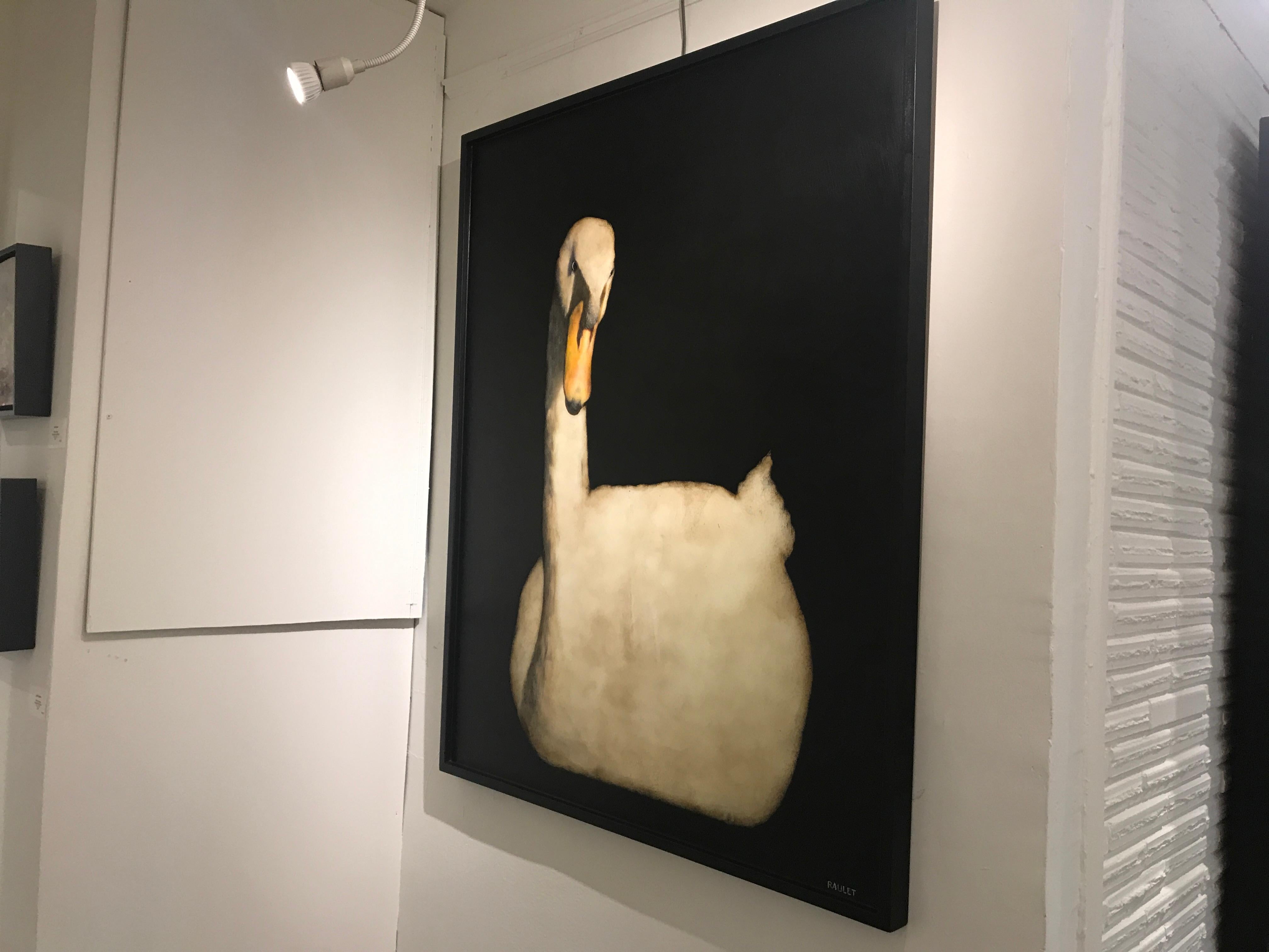 'Pippa' is a large framed contemporary mixed media on board swan painting created by American artist Dawne Raulet in 2018. Painted on a striking black background that allows our eye to focus beautifully on the subject, a graceful swan steals the