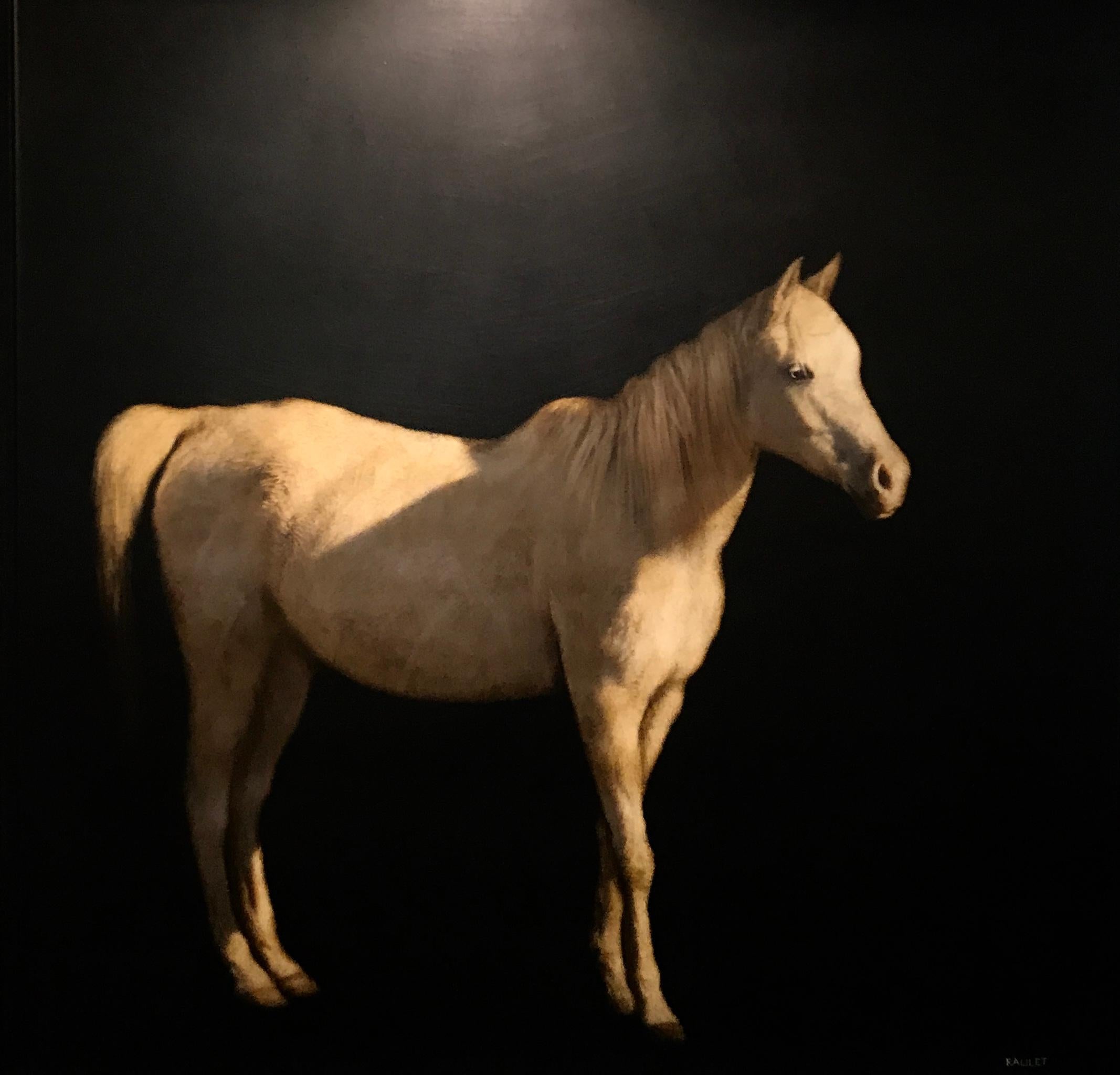 Dawne Raulet Animal Painting - Rein it In, large square mixed media contemporary equestrian on board