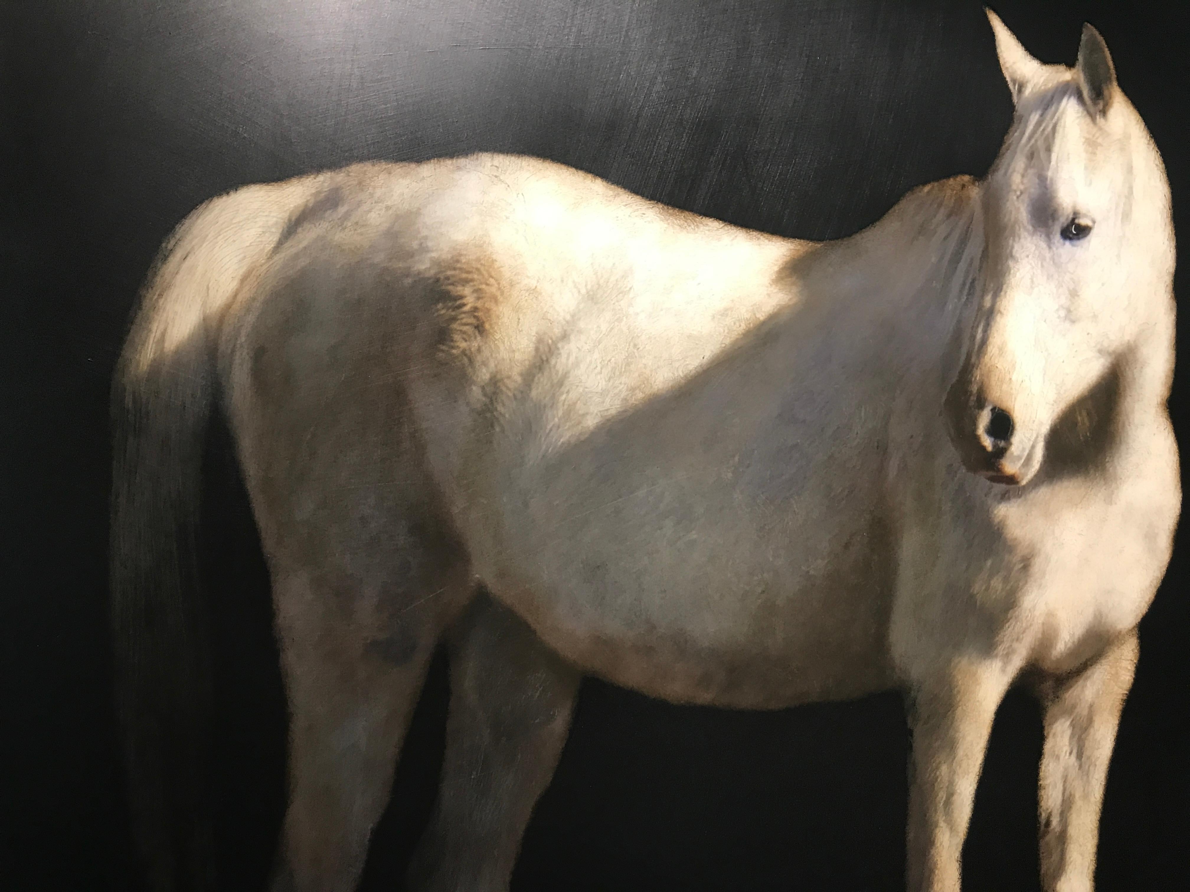 Spur of the Moment, large square mixed media contemporary equestrian on board - Contemporary Painting by Dawne Raulet