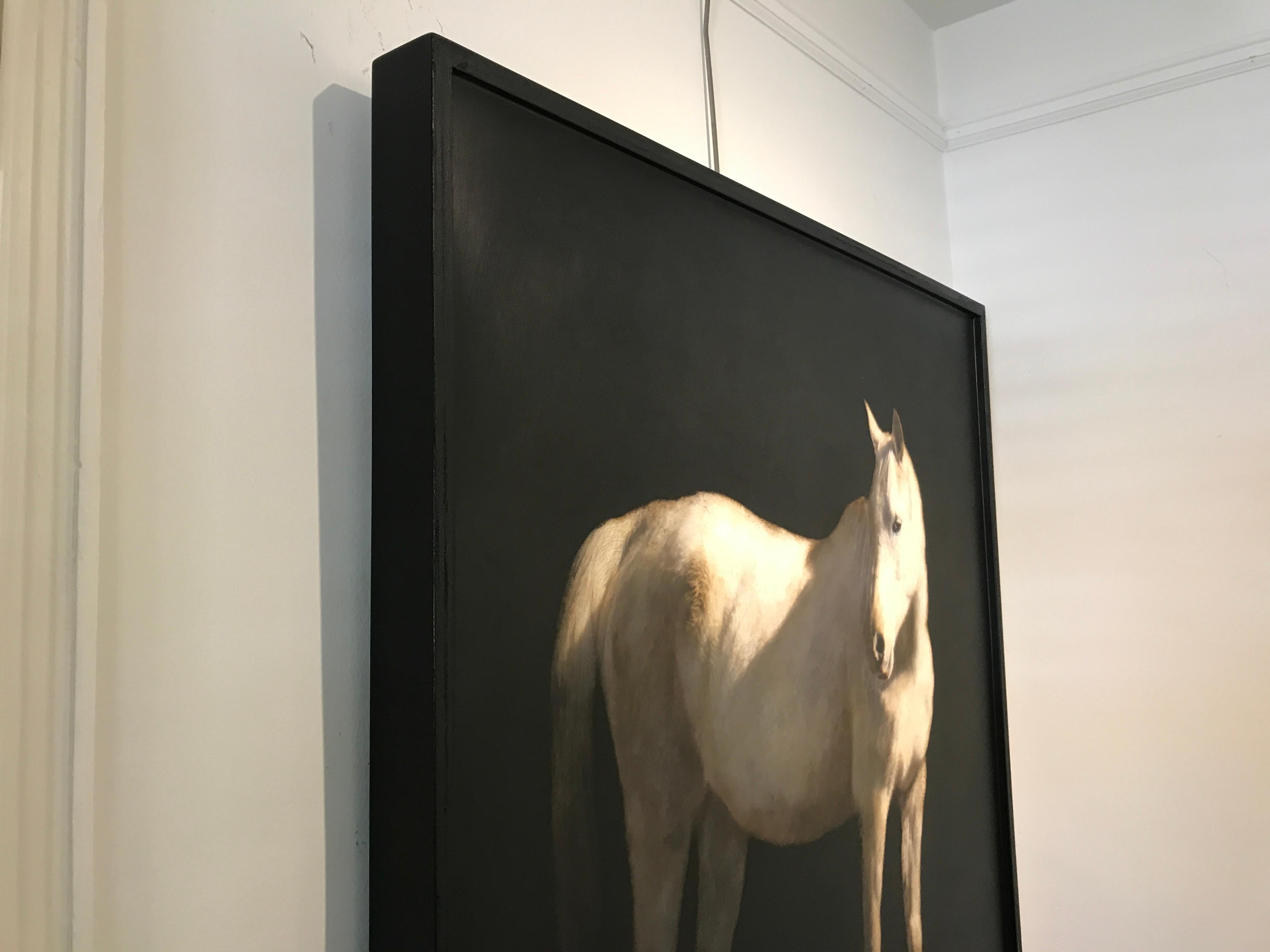Spur of the Moment, large square mixed media contemporary equestrian on board - Black Animal Painting by Dawne Raulet