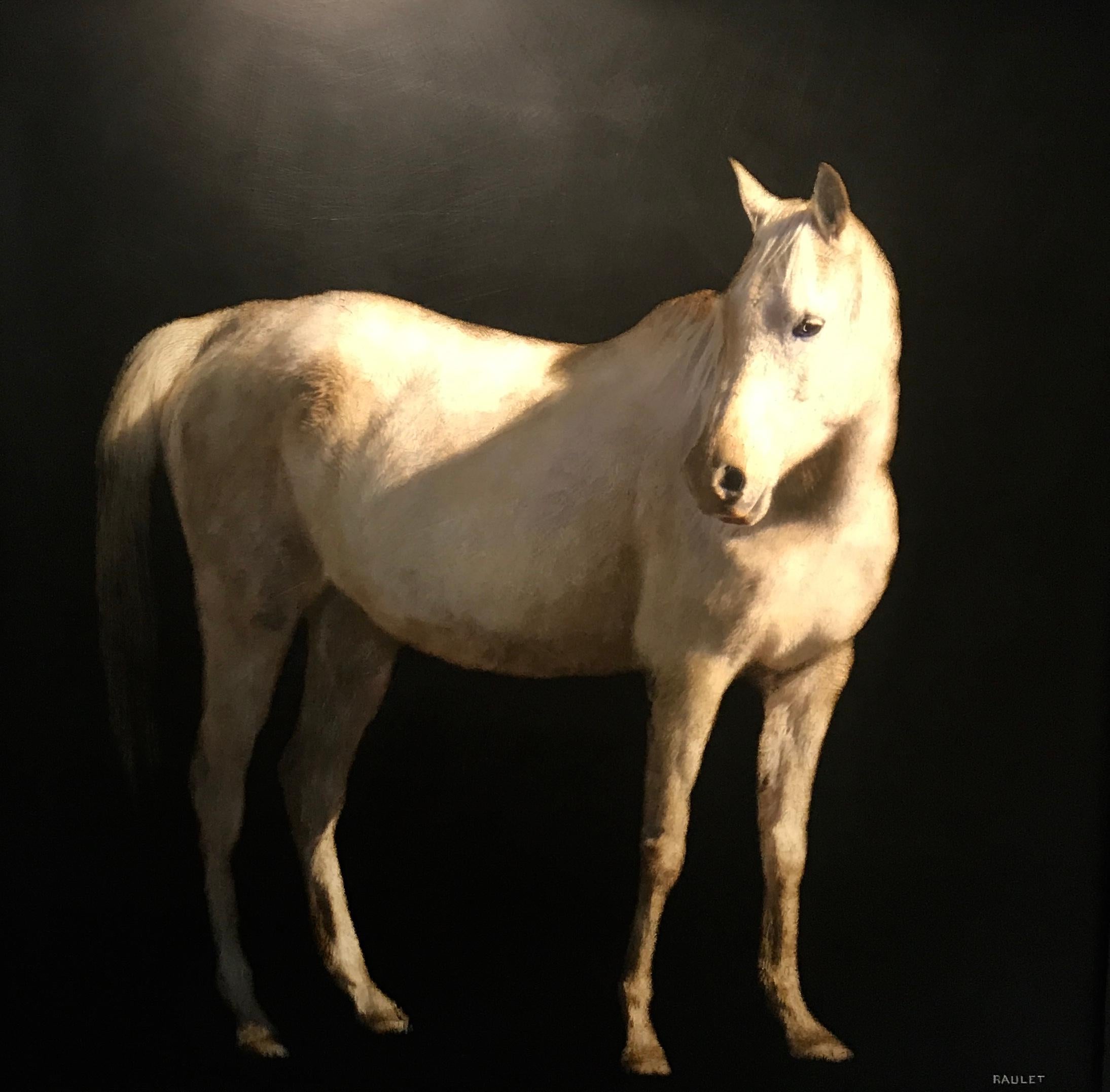 Dawne Raulet Animal Painting - Spur of the Moment, large square mixed media contemporary equestrian on board