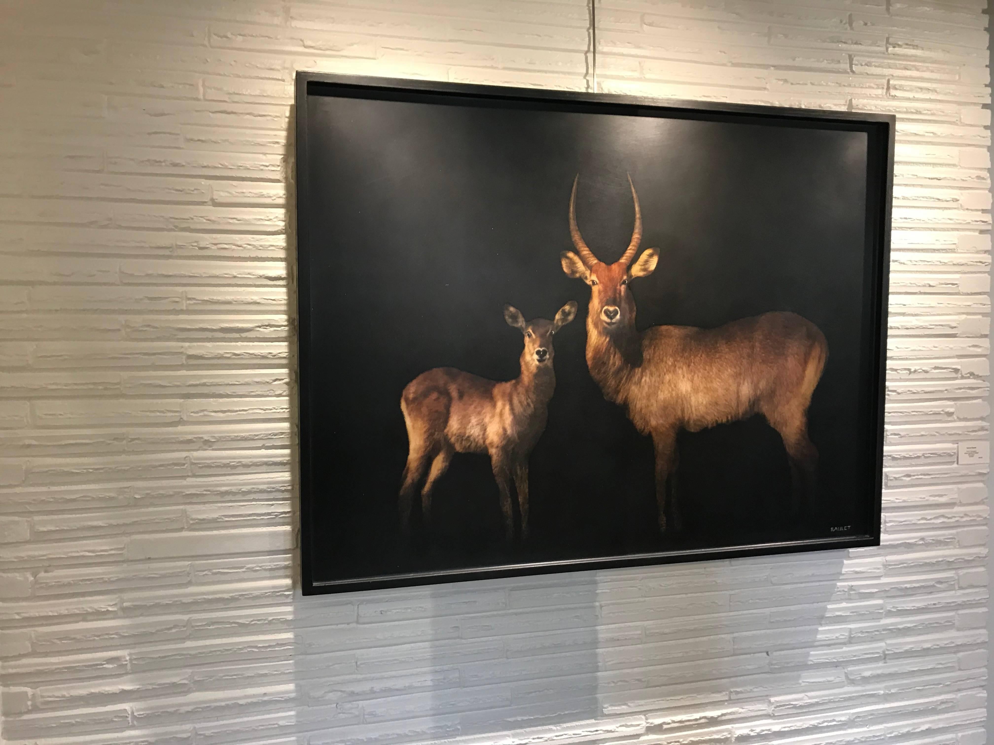 This piece by American artist Dawne Raulet depicts two waterbucks in the sub-Saharan part of Africa.  The artist starts with a photograph, superimposes it onto a custom-made board and begins layering mediums (oil paint and resin mainly) on top of
