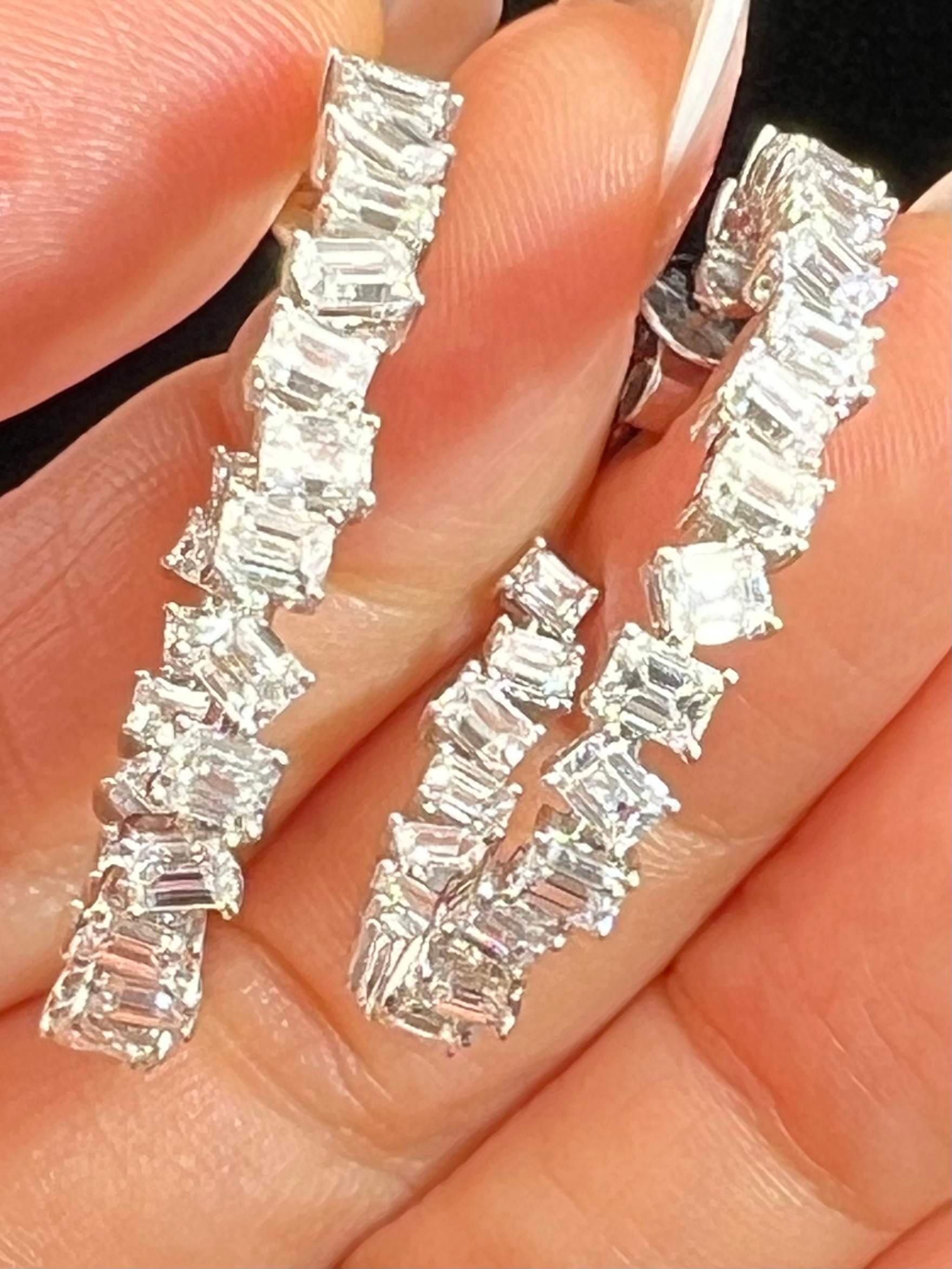 Modern Baguette 14K White Gold Diamond Hoop Earrings For Sale