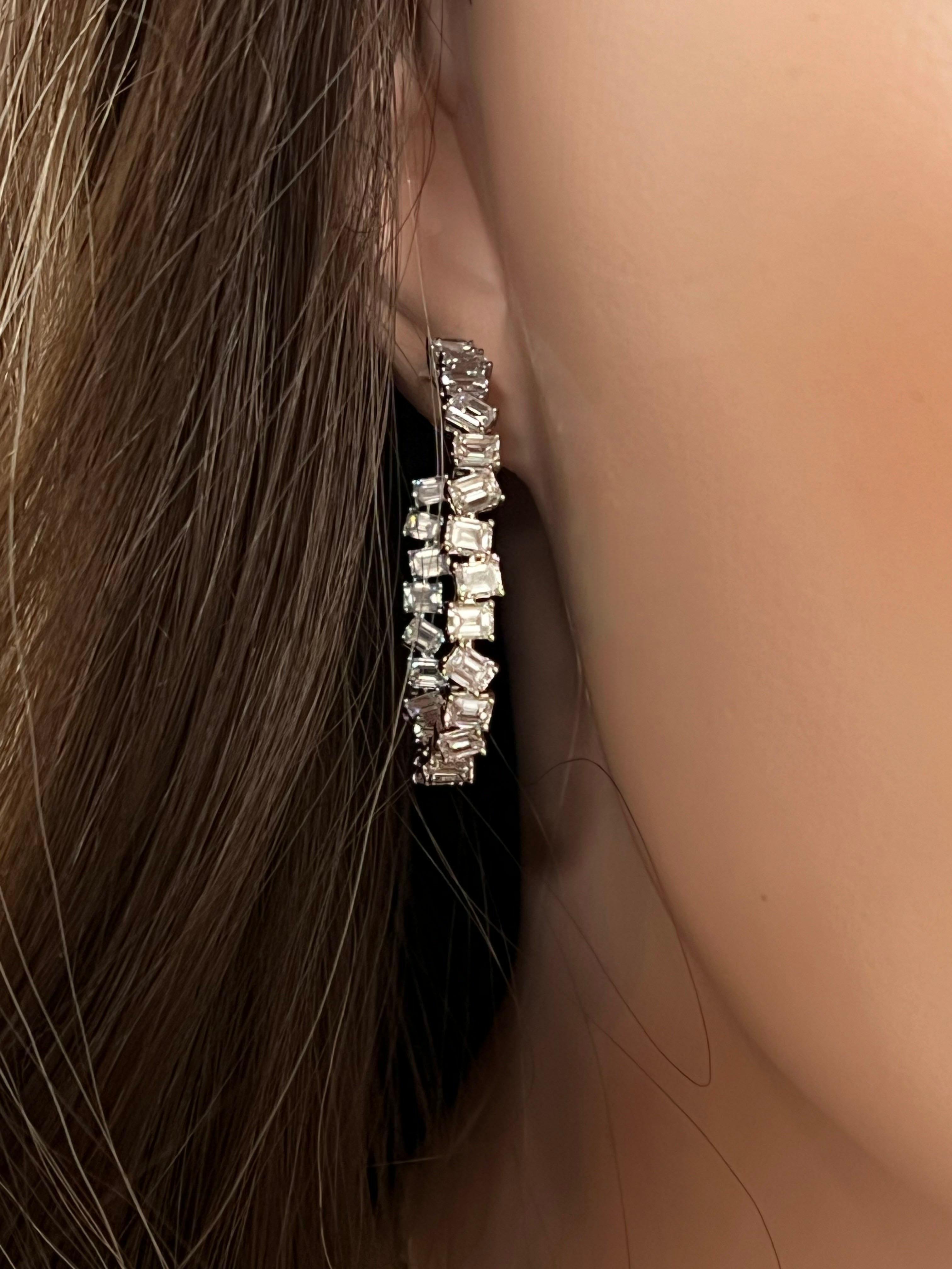 Baguette 14K White Gold Diamond Hoop Earrings For Sale 2