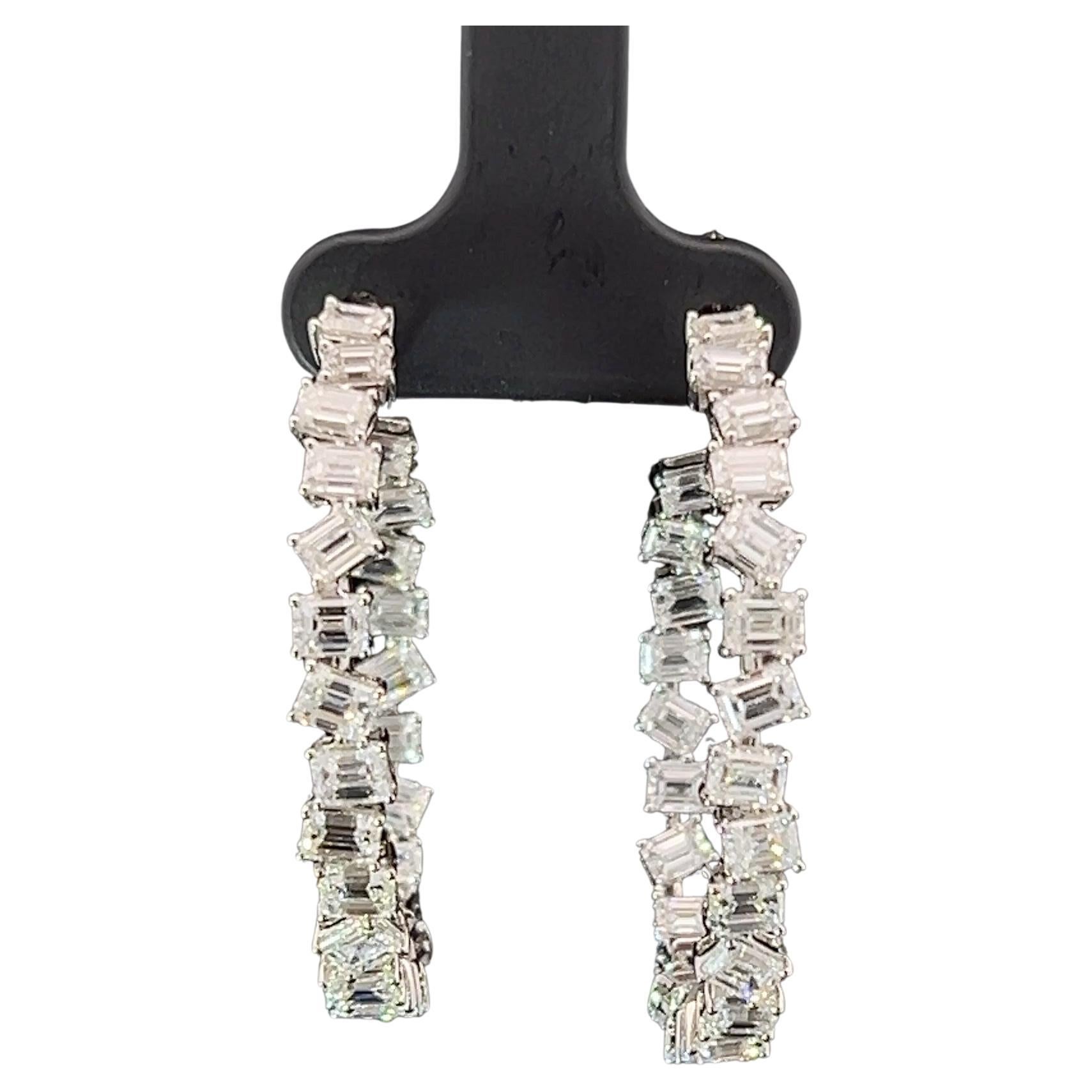 Baguette 14K White Gold Diamond Hoop Earrings For Sale