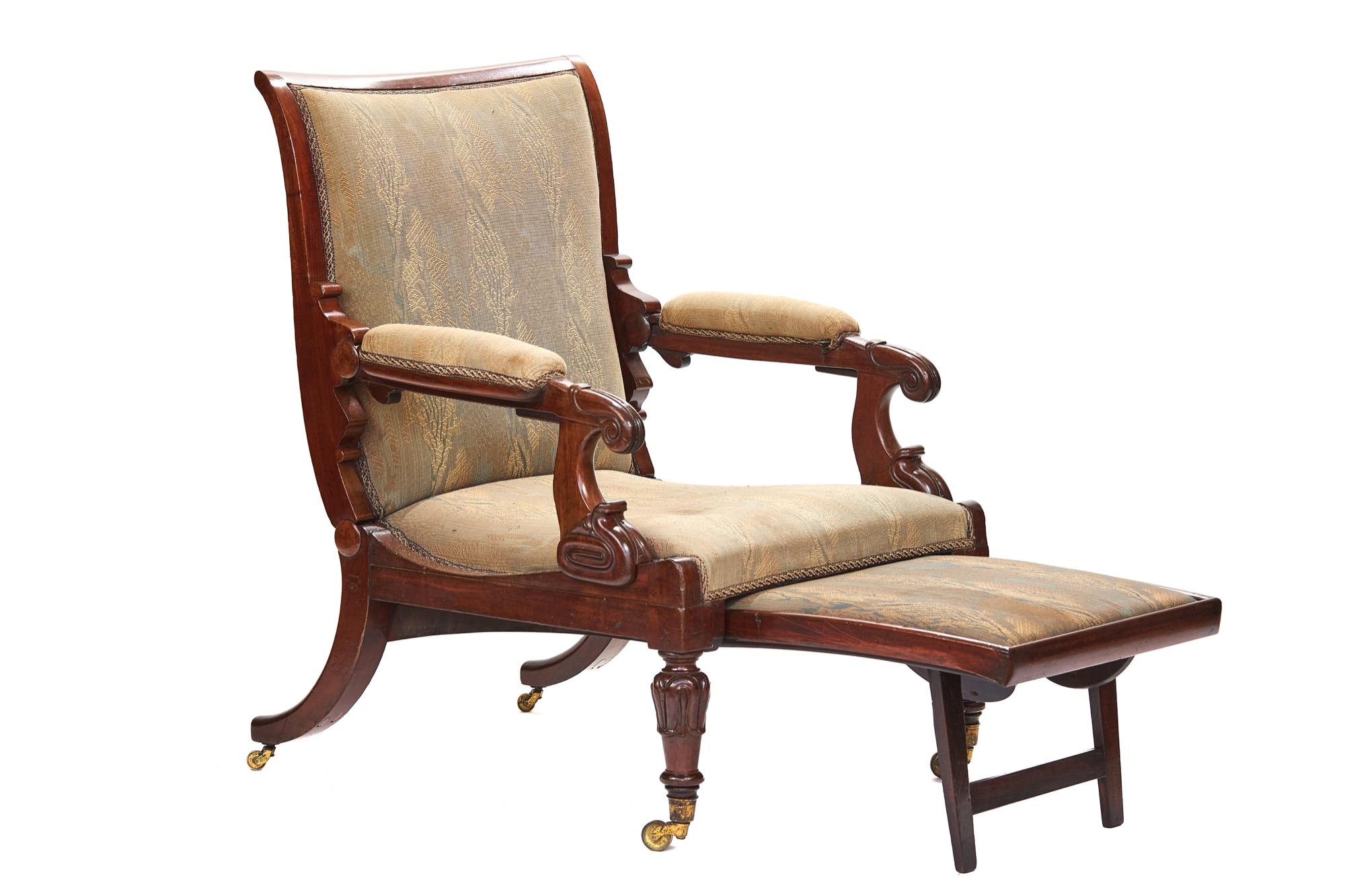 Fine G1V Mahogany Daws Patent improved Recumbent chair circa 1830,
This improved Recumbent chair was patented by Daws circa 1830, 
Described :
[ by elevating a spring beneath the arm of the chair. Where the hand rests, 
it may be converted into
