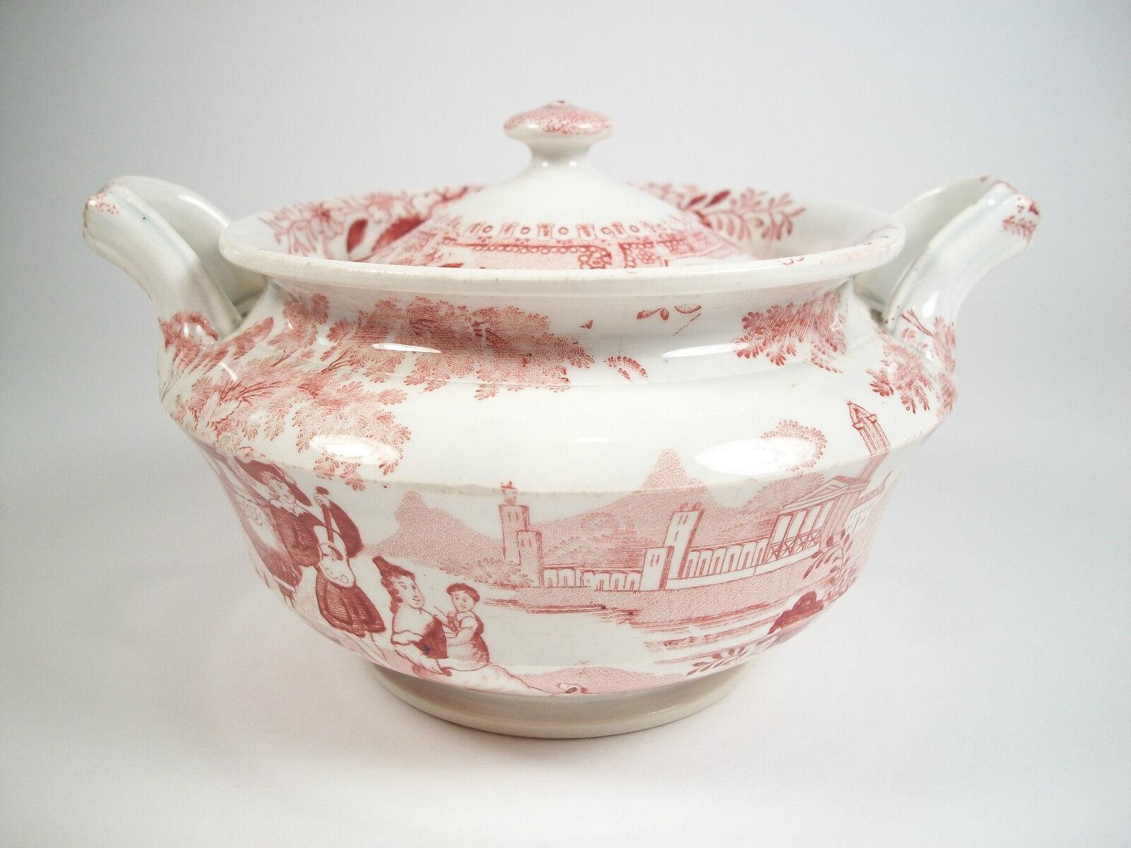 DAWSON'S - PHILAMMON - Antique red transferware sugar bowl with lid - quatrefoil and transfer mark on the base - United Kingdom - early 19th century.

Good antique condition - rim chips to the lid (two largest shown in detail photos) - stains to the