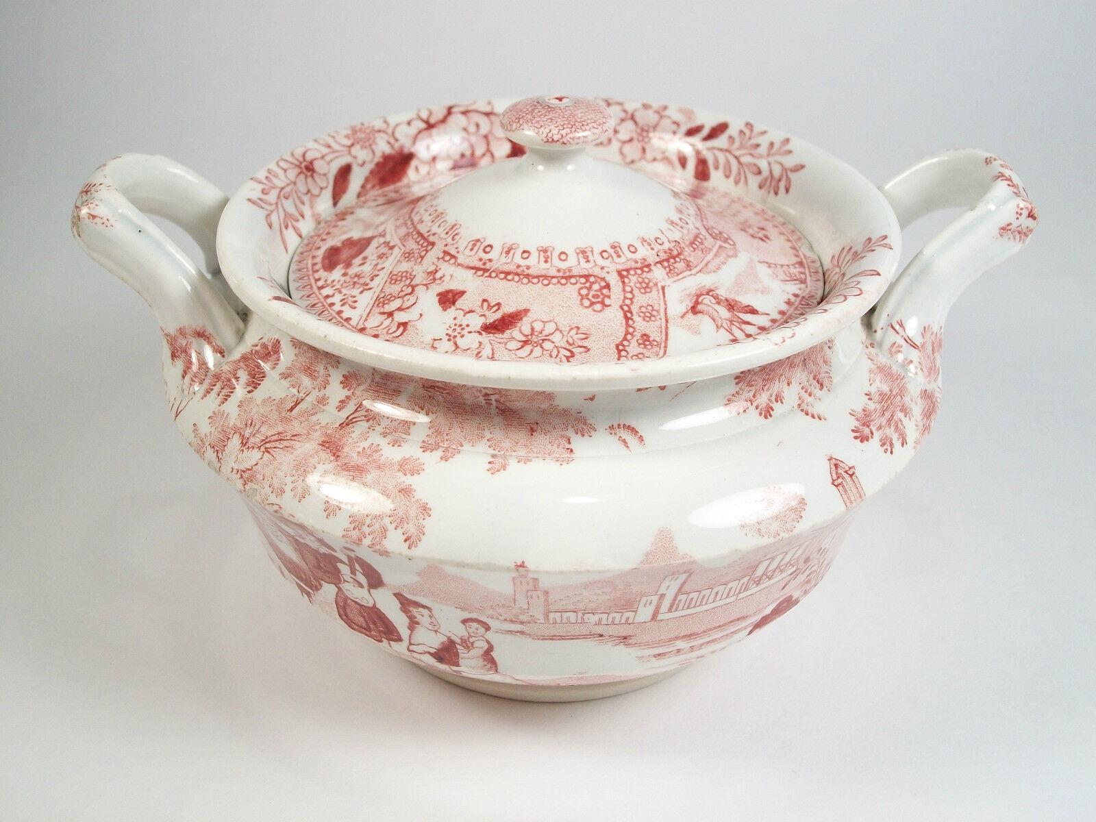 Early Victorian DAWSON'S - PHILAMMON - Red Transferware Sugar Bowl with Lid - UK - 19th Century For Sale