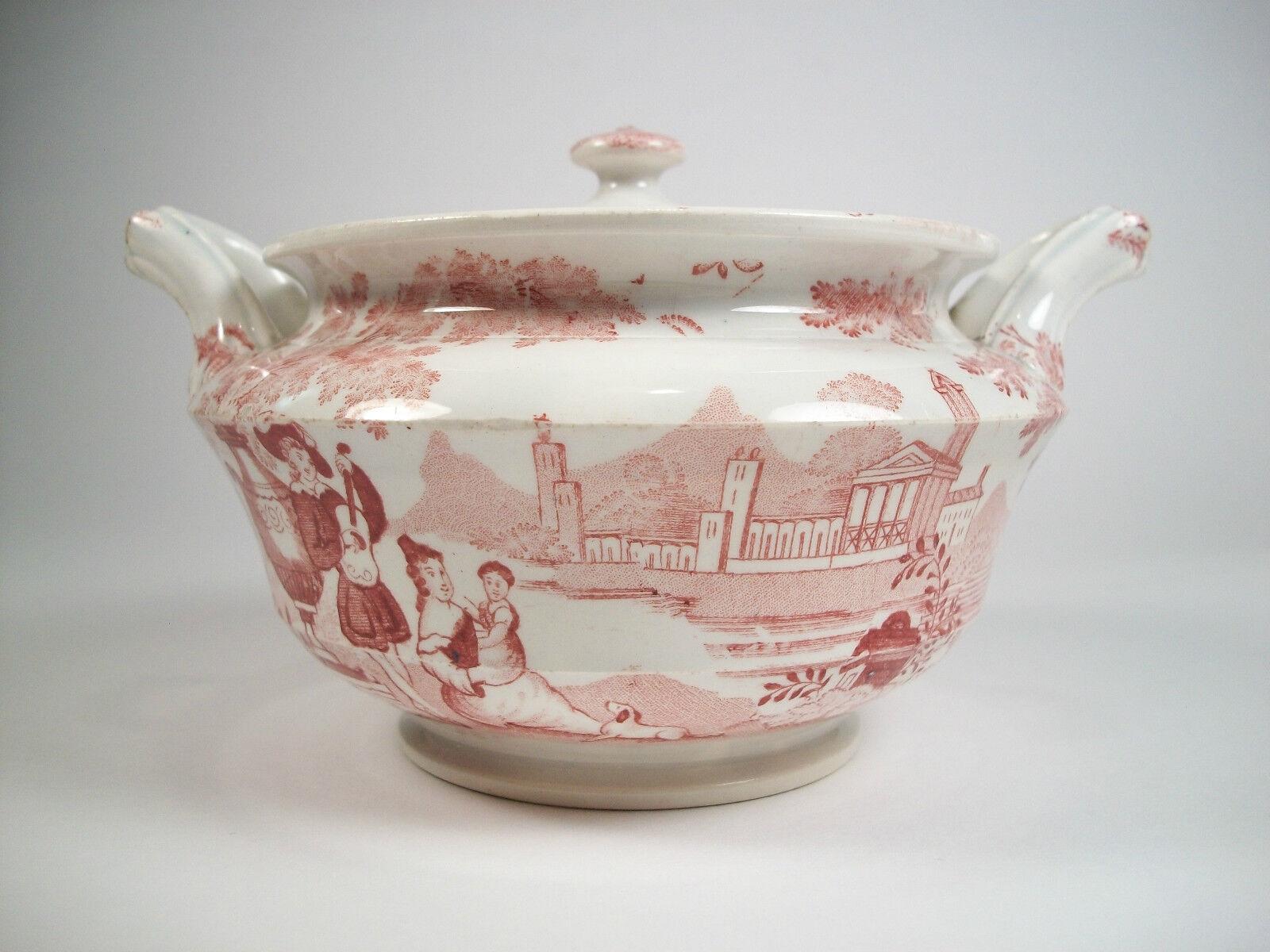 English DAWSON'S - PHILAMMON - Red Transferware Sugar Bowl with Lid - UK - 19th Century For Sale