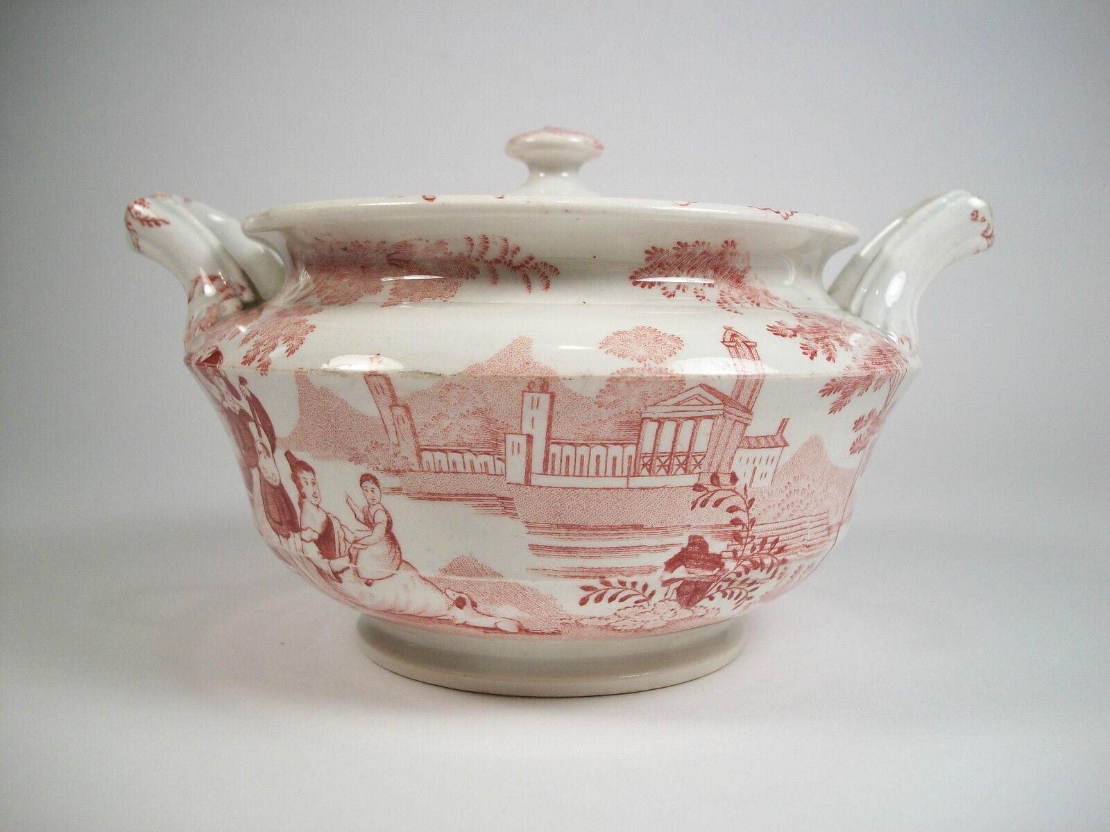 DAWSON'S - PHILAMMON - Red Transferware Sugar Bowl with Lid - UK - 19th Century For Sale 1