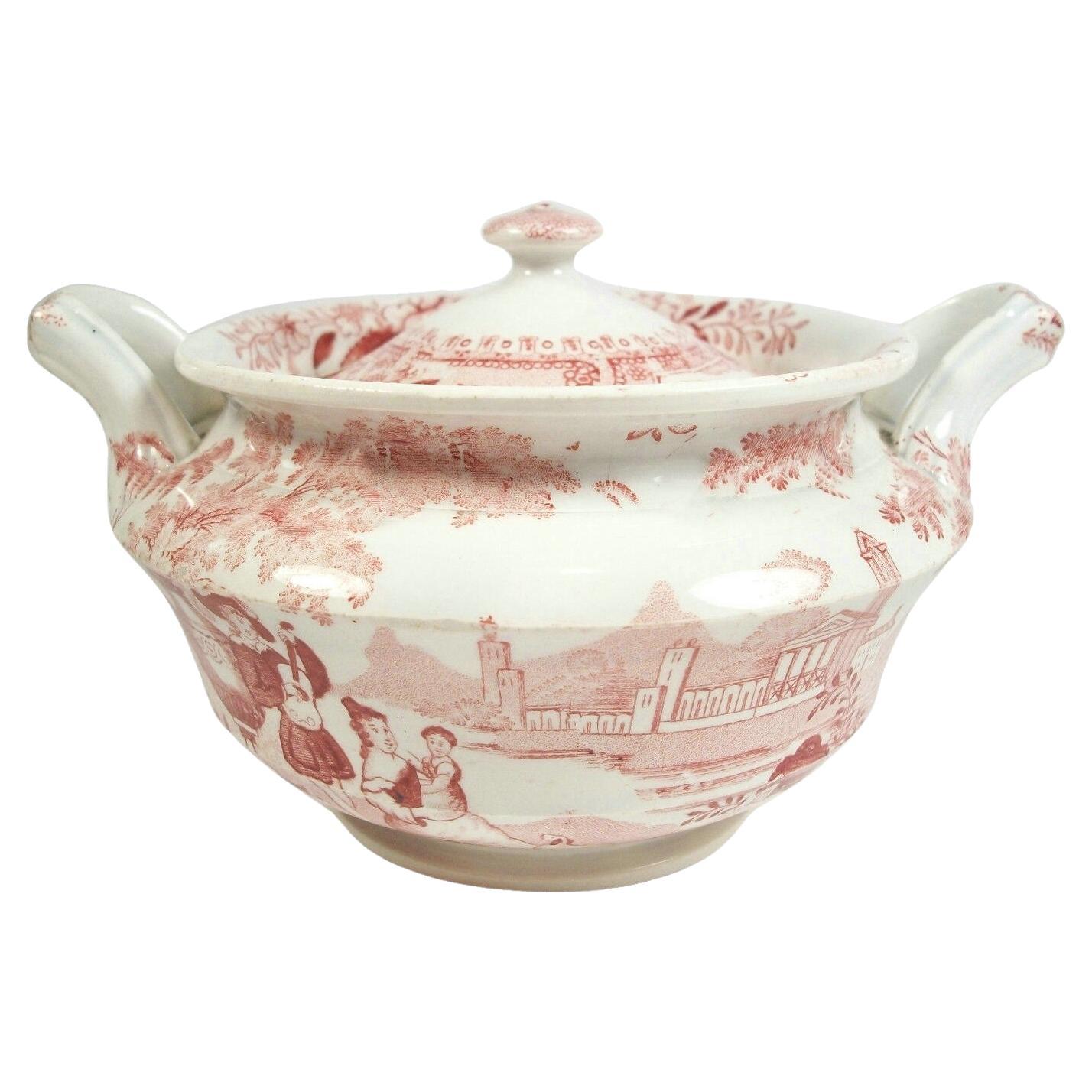 DAWSON'S - PHILAMMON - Red Transferware Sugar Bowl with Lid - UK - 19th Century For Sale