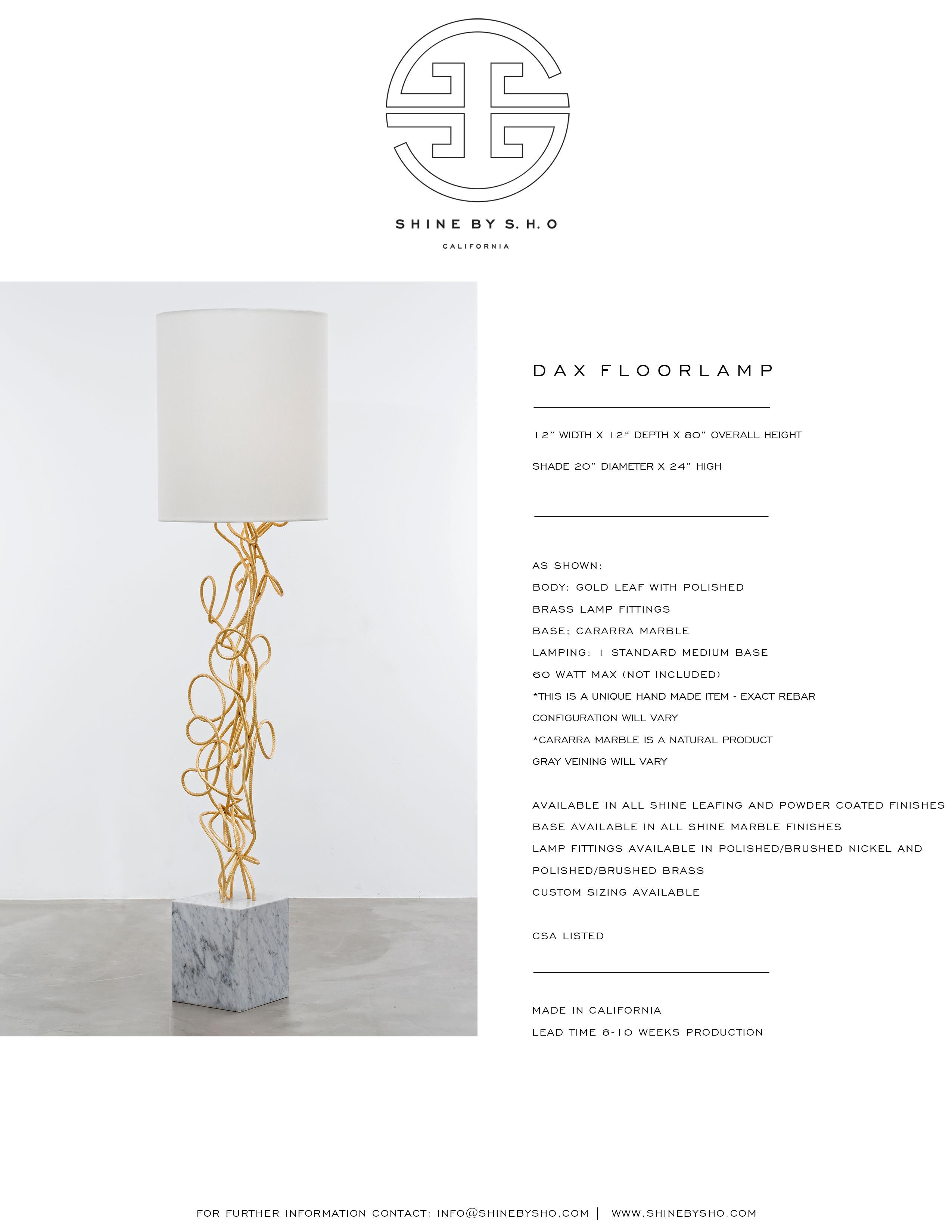 DAX FLOOR LAMP - Hand Twisted Modern Gold Leaf Floor Lamp w/ Carrara Marble Base For Sale 1