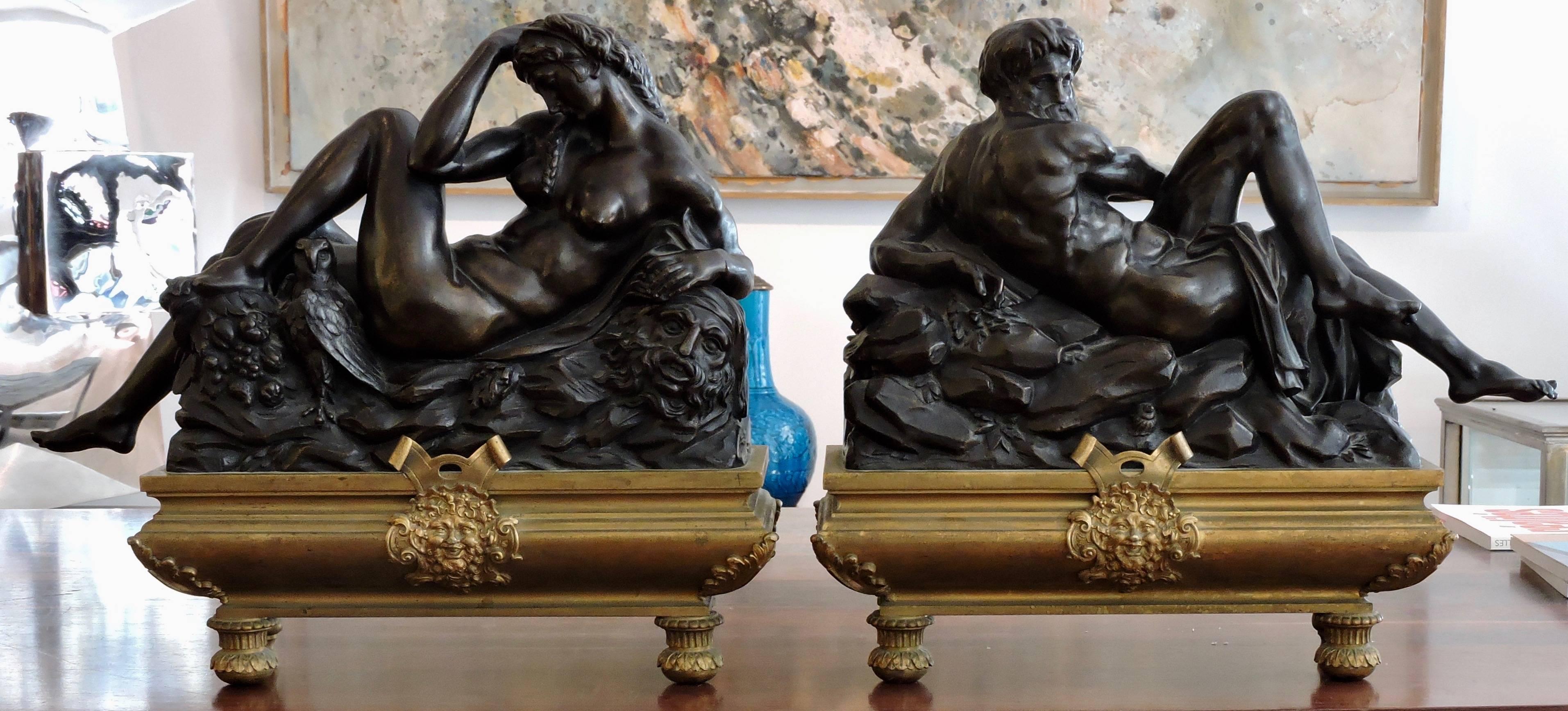 The day and the night a pair of 19th century patinated bronze sculpture after Michelangelo
resting on gilt bronze bases
Louis XIV style,
circa 1860.

Day is a sculpture in marble (155 x 150 cm, maximum length 194 cm diagonally) by the Italian