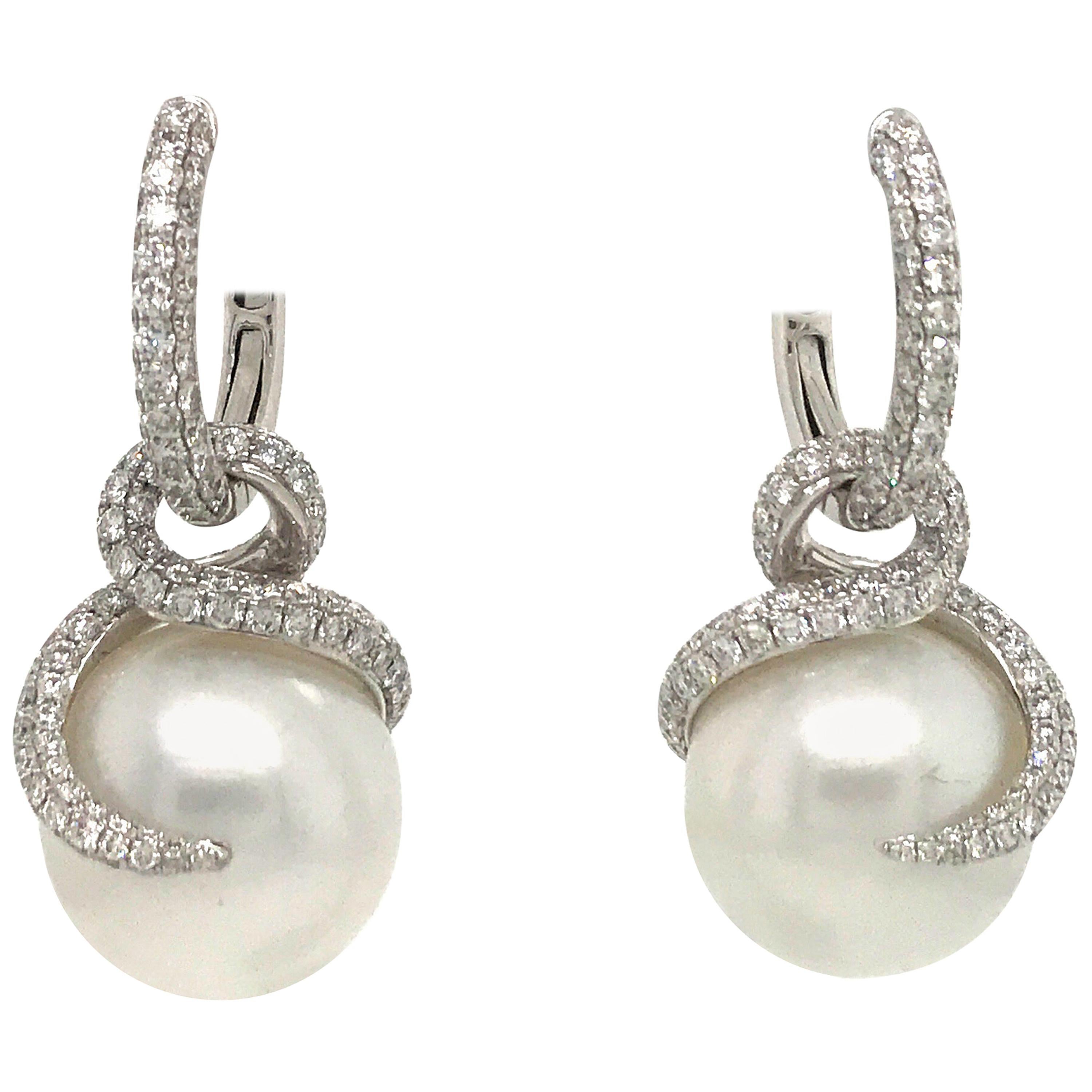 Day and Night Diamond Pearl Flame/Hoop Earrings 3.98 Carat 18 Karat White Gold