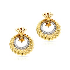 Day and Night Rope-work Gold and Diamond Dangling Circle Earrings, 14k