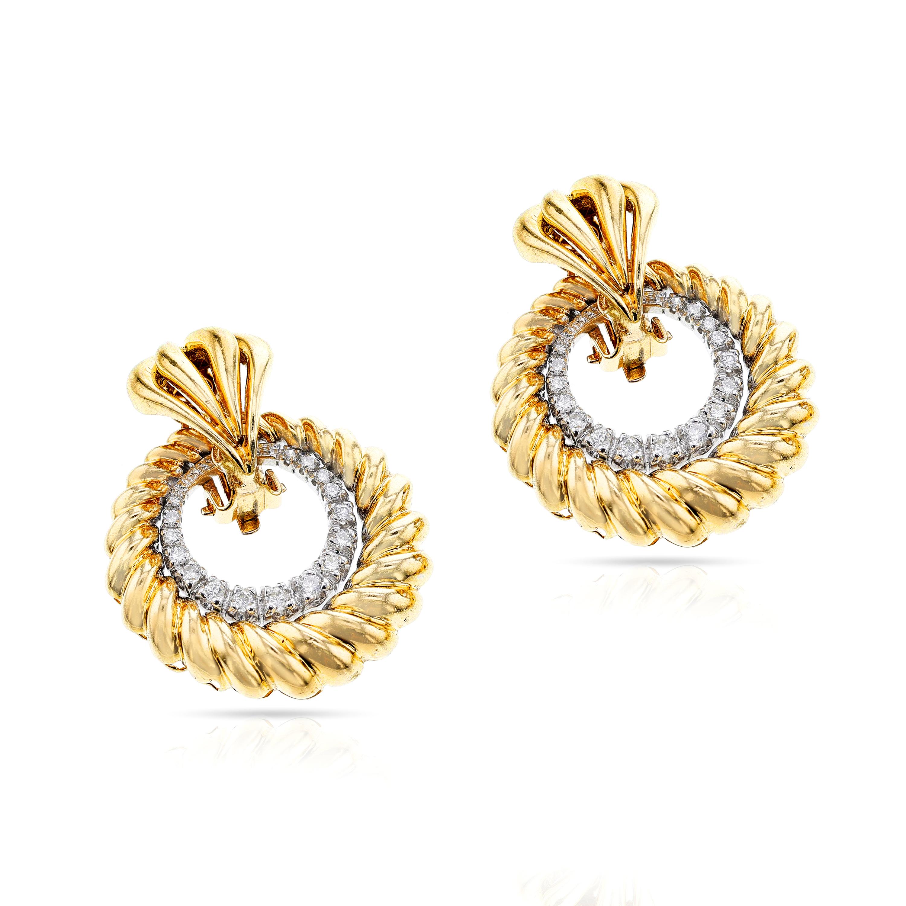 Round Cut Day and Night Rope-work Gold and Diamond Dangling Circle Earrings, 14k For Sale