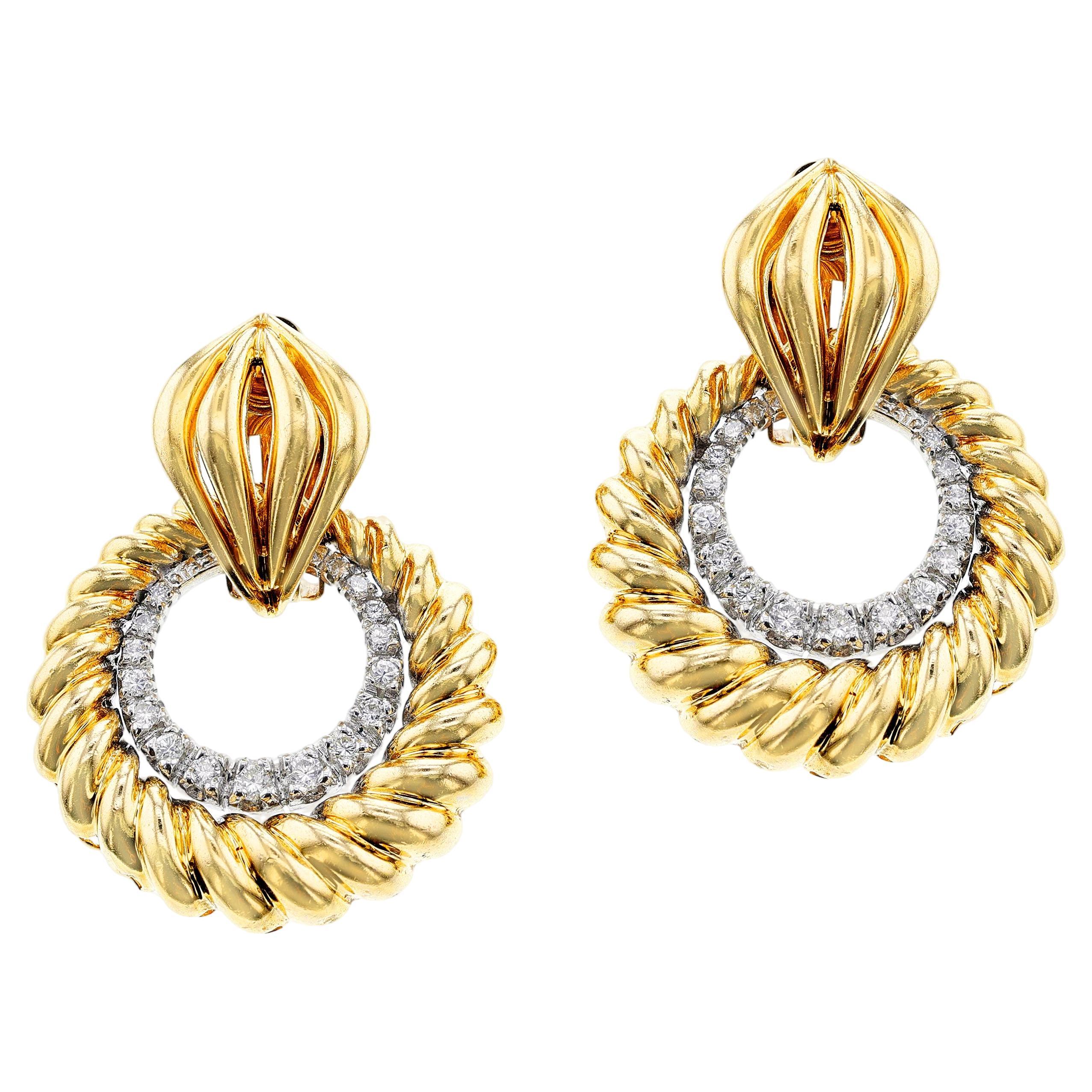 Day and Night Rope-work Gold and Diamond Dangling Circle Earrings, 14k For Sale