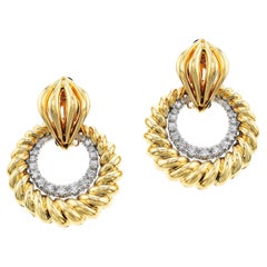 Vintage Day and Night Rope-work Gold and Diamond Dangling Circle Earrings, 14k