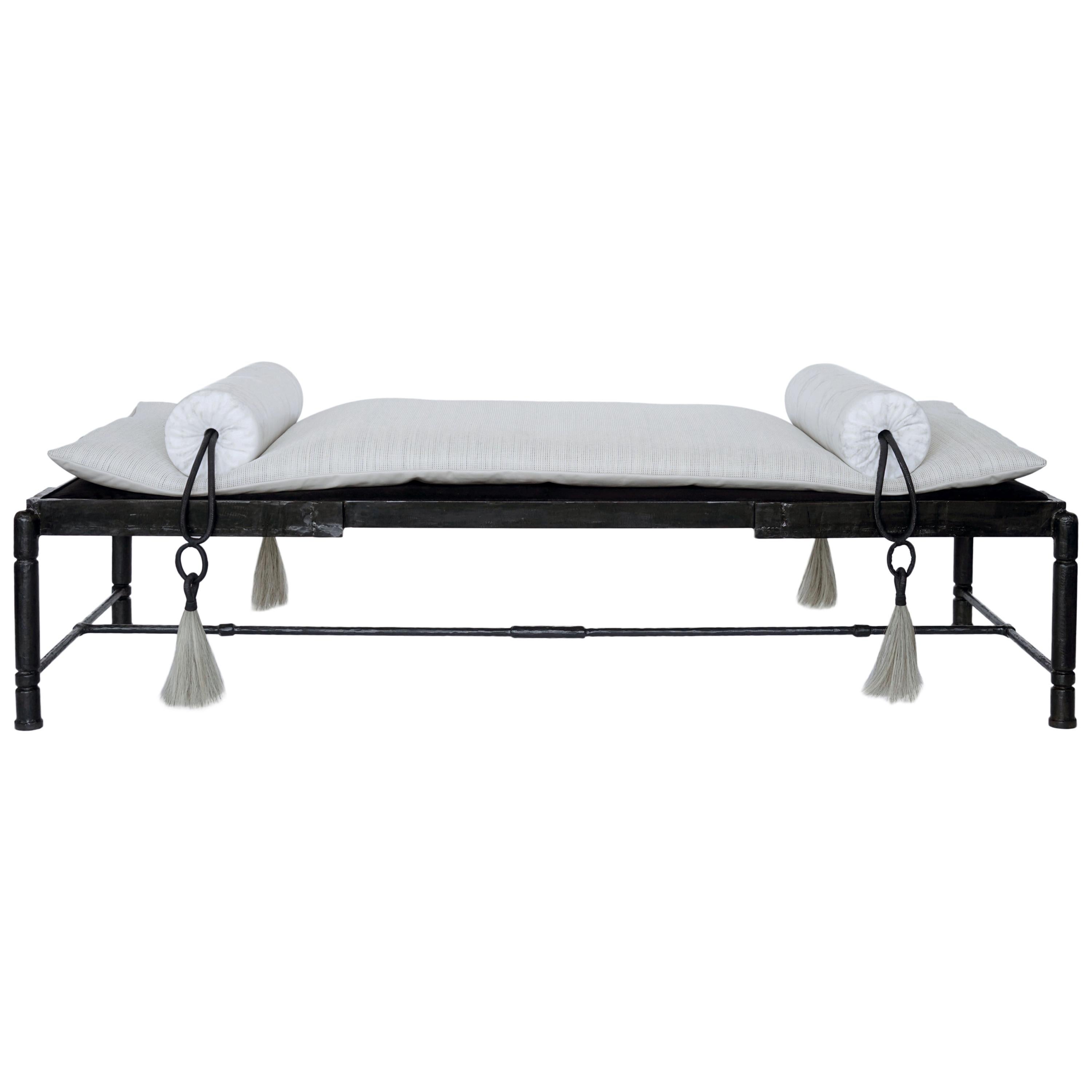 Contemporary Fortuna Bench In Gray Wool With Solid Walnut Base For