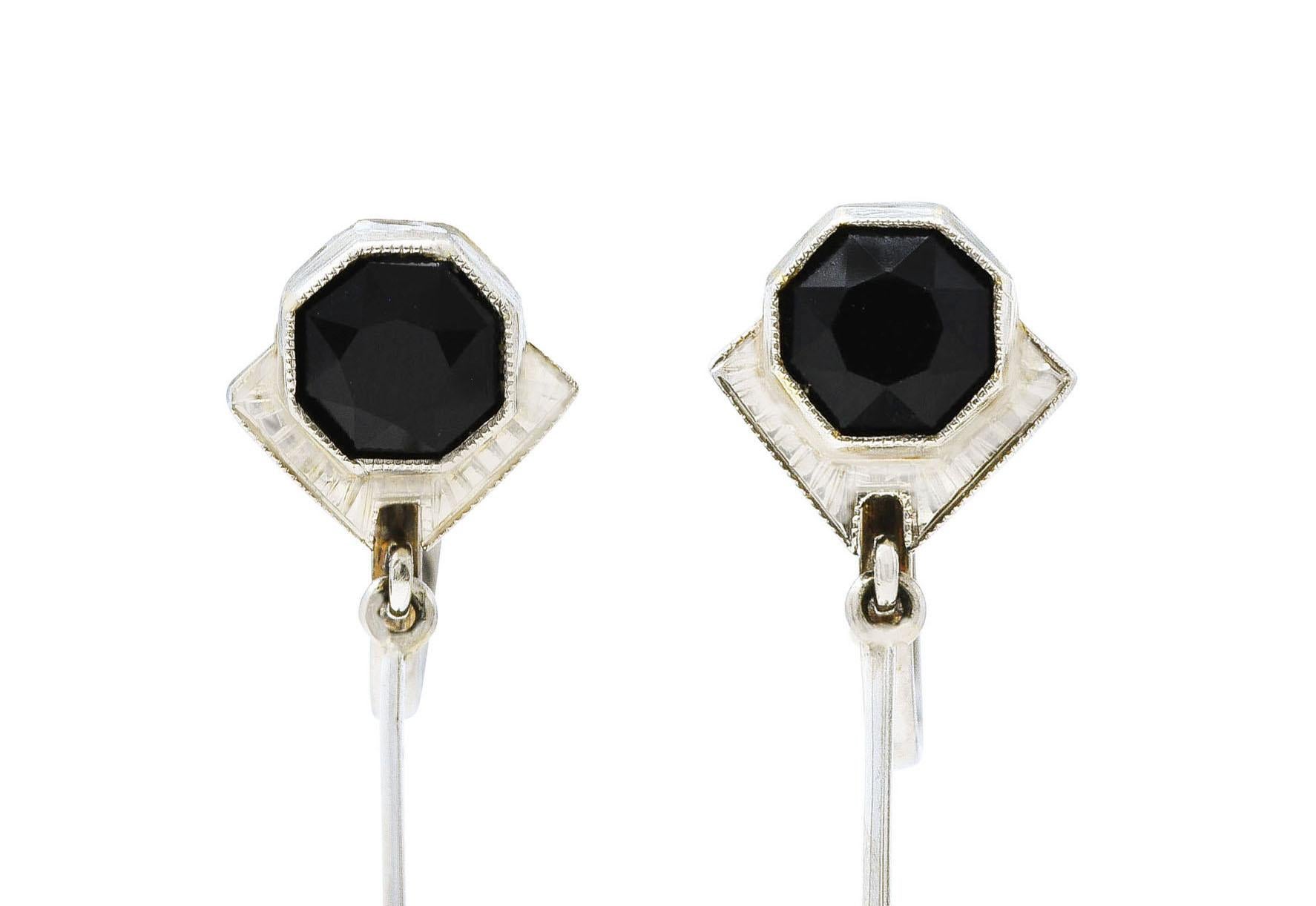 Octagon Cut Day Clark & Co. Art Deco Onyx Rock Crystal Quartz 18 Karat White Gold Earrings