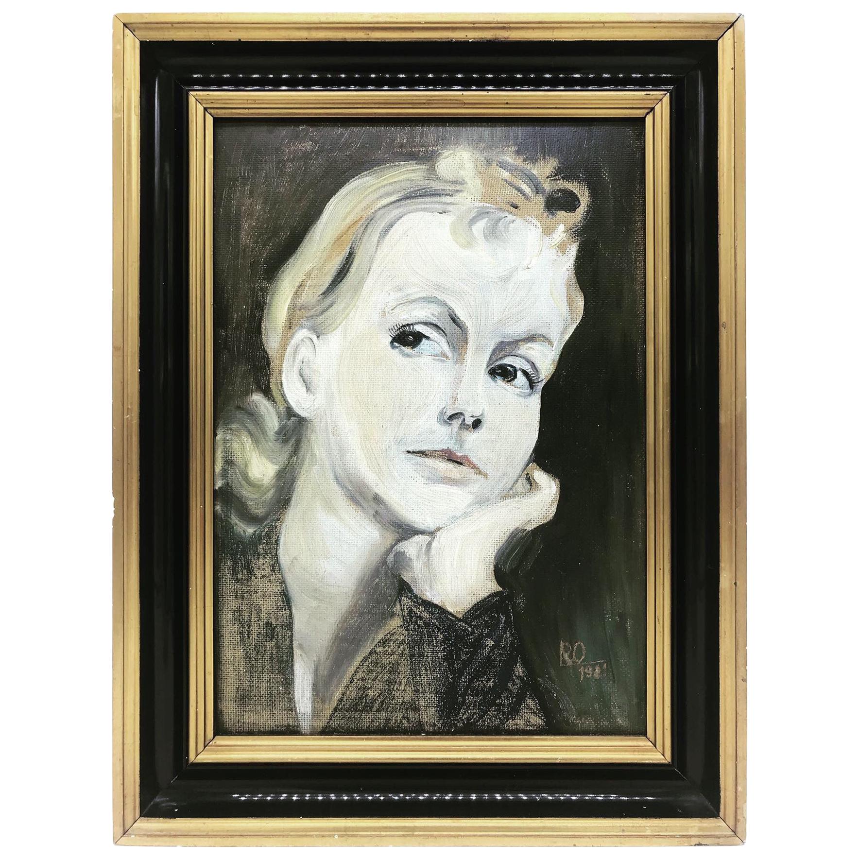 Greta Garbo Oil on Board by an Unknown Artist Dated 1931 and Signed RO