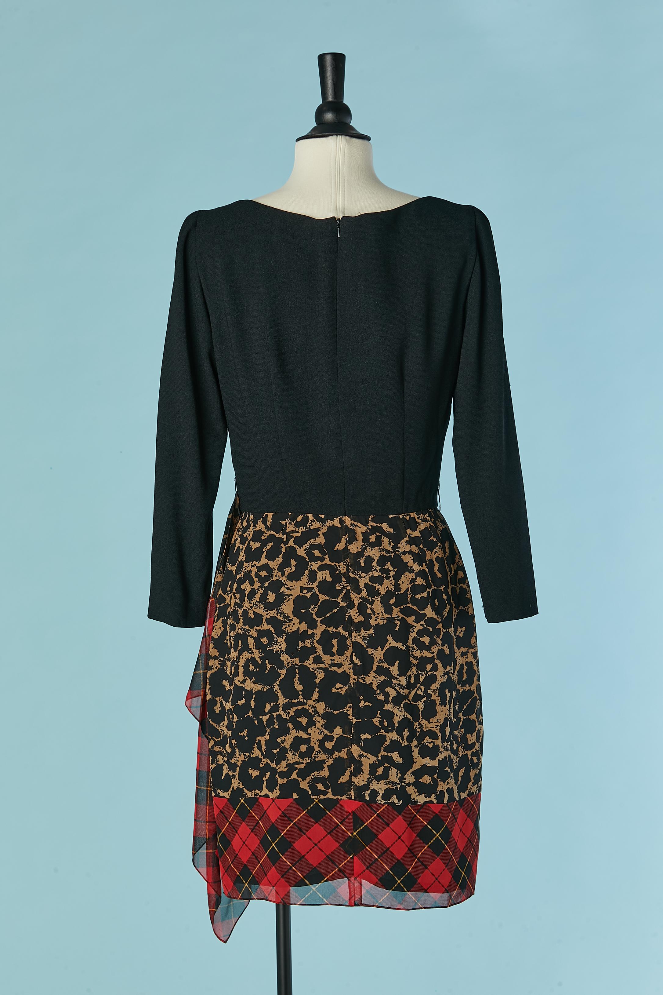 Day dress in black crêpe and silk printed chiffon bottom Bill BLASS Dress For Sale 1