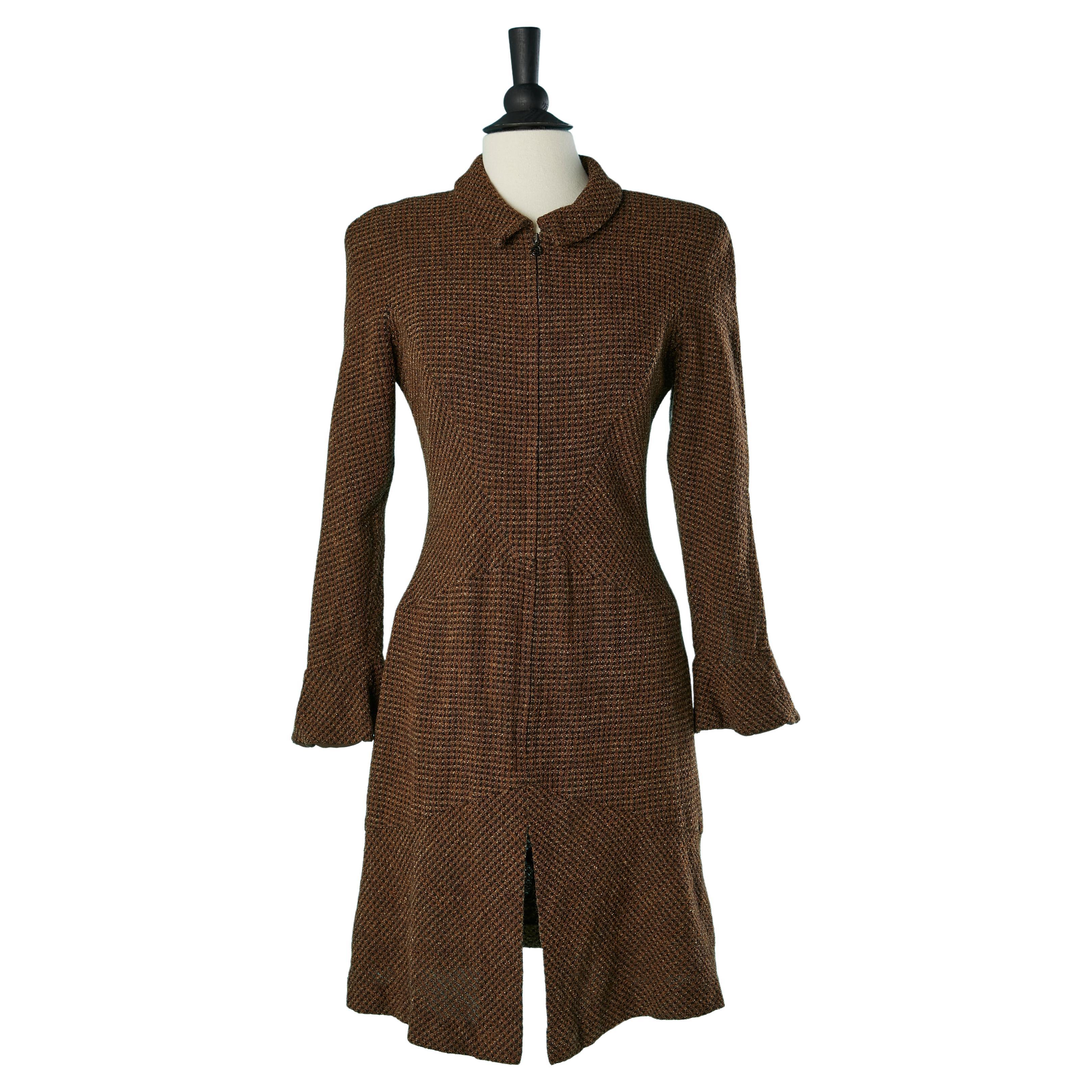 Day dress in brown and black tweed with front zip closure Chanel Boutique  For Sale