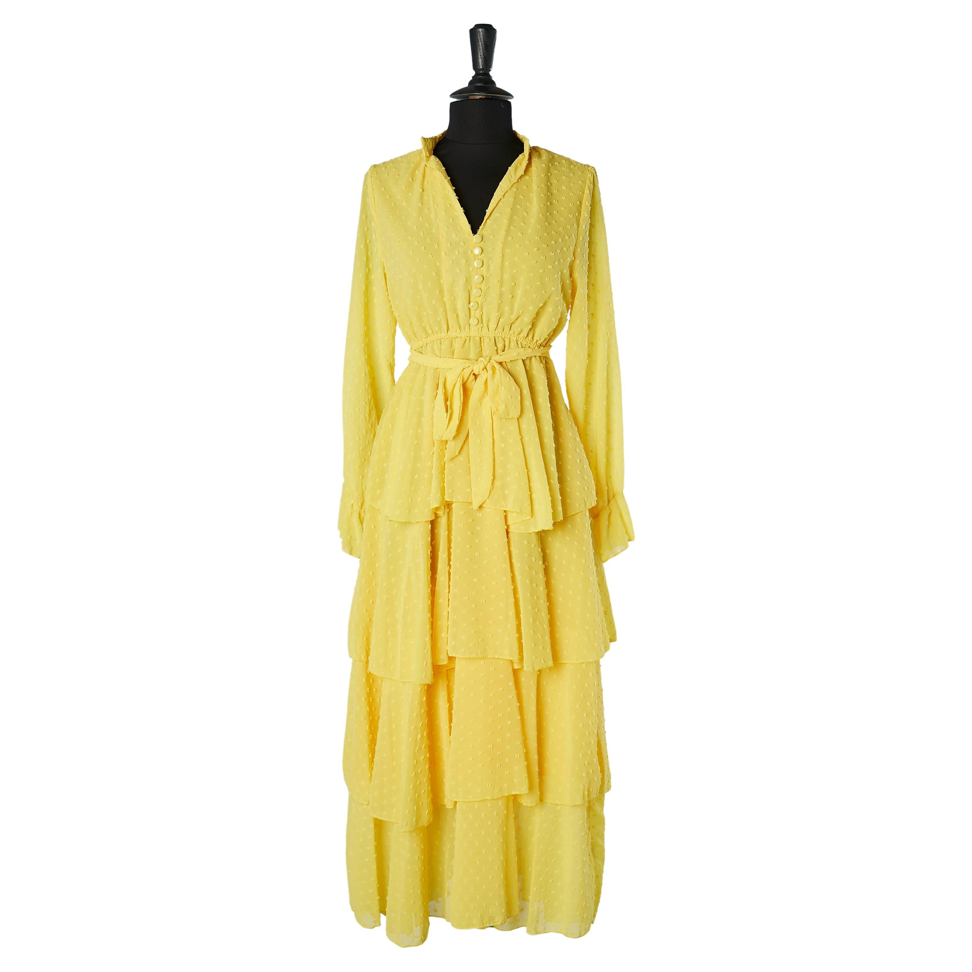 Day dress in yellow plumetis with belt and ruffles For Sale