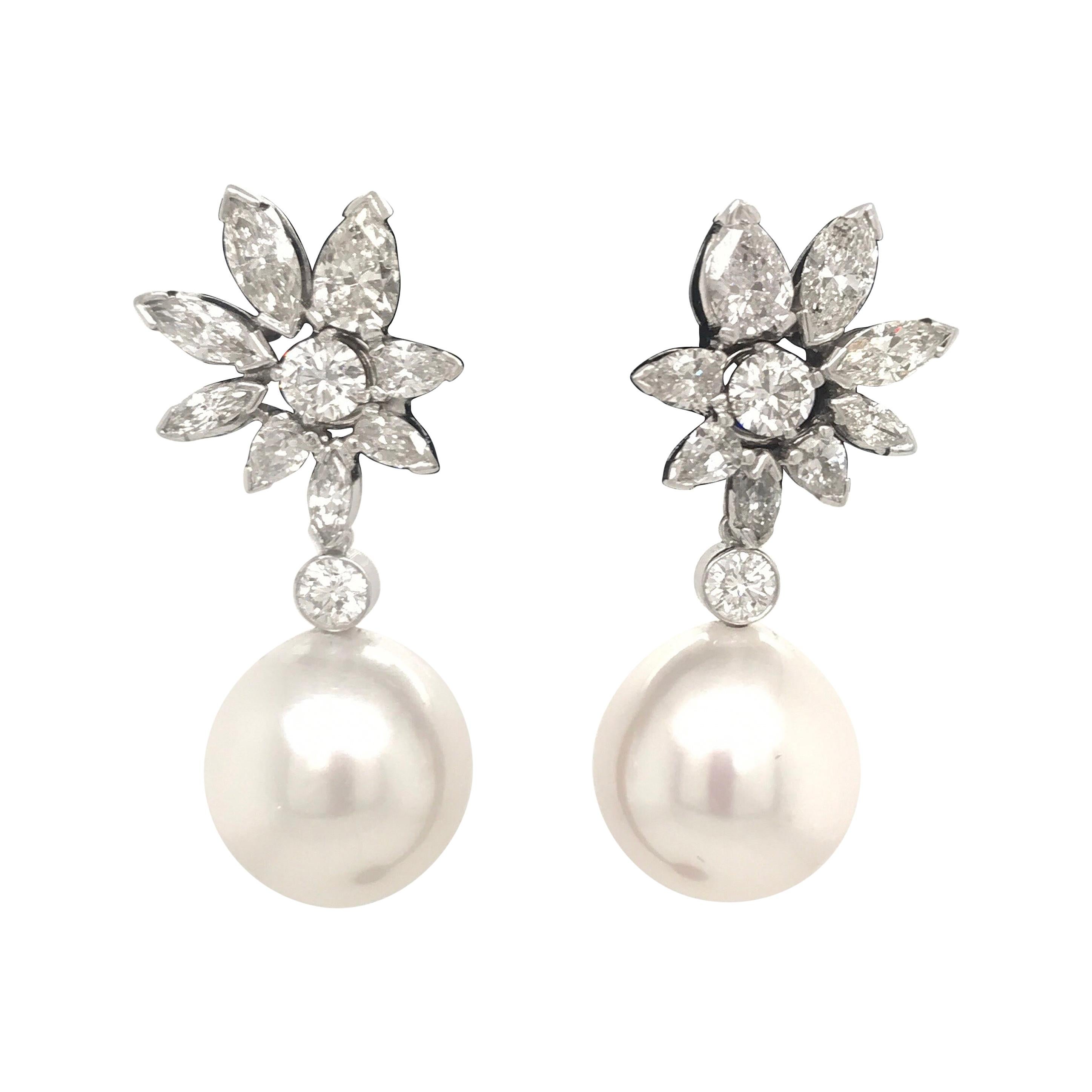 Day and Night Diamond Floral South Sea Pearl Earrings 5.06 Carat 14 Karat Gold