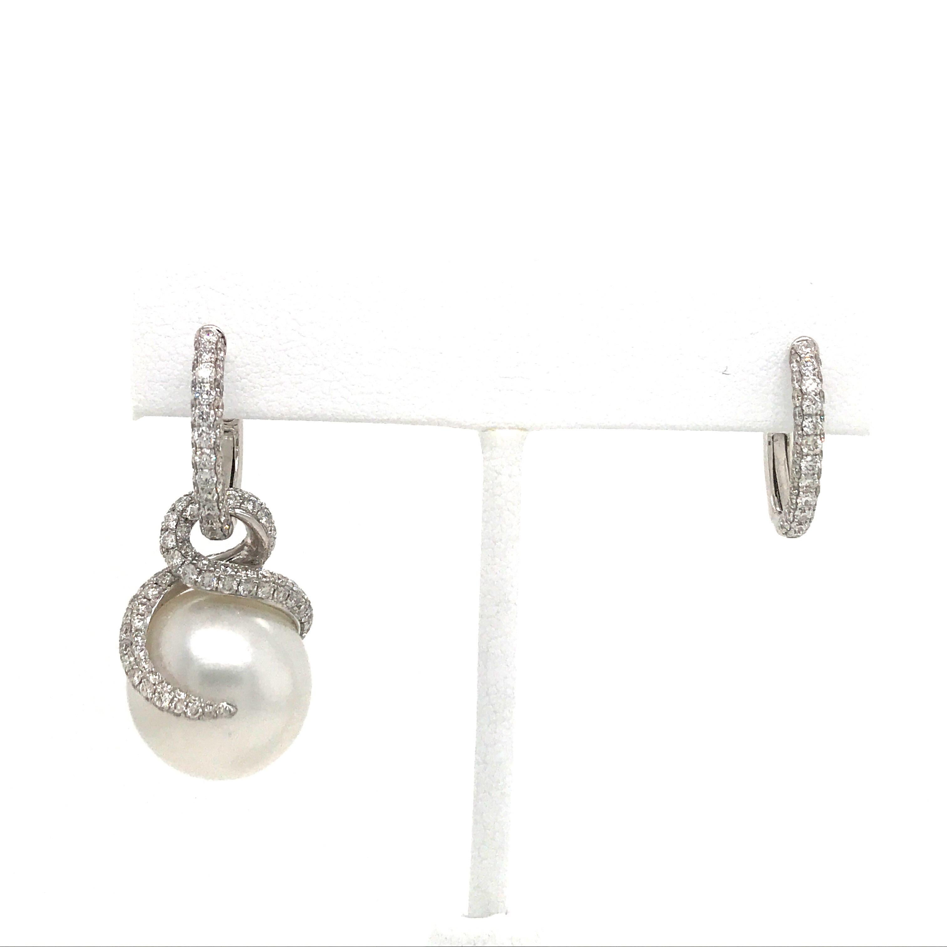 Round Cut Day and Night Diamond Pearl Flame/Hoop Earrings 3.98 Carat 18 Karat White Gold