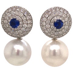 Boucles d'oreilles pendantes/de nuit en or blanc 18 carats avec diamants, saphirs et perles de 4,70 carats